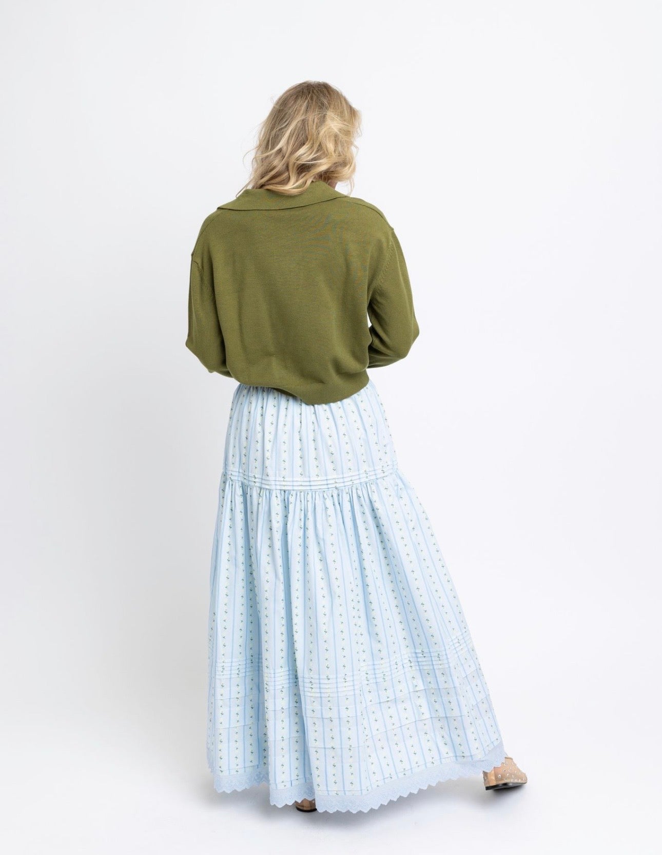 Baby Blue Floral Stripe Maxi Skirt