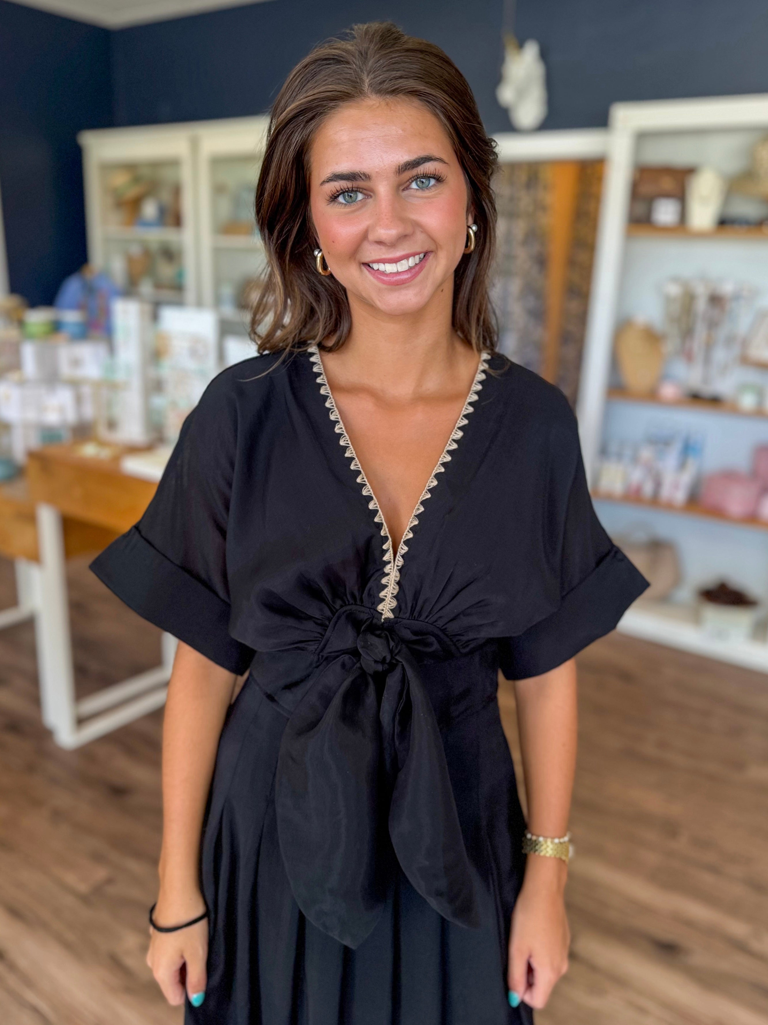 Blanket Stitched Tie Front Blouse