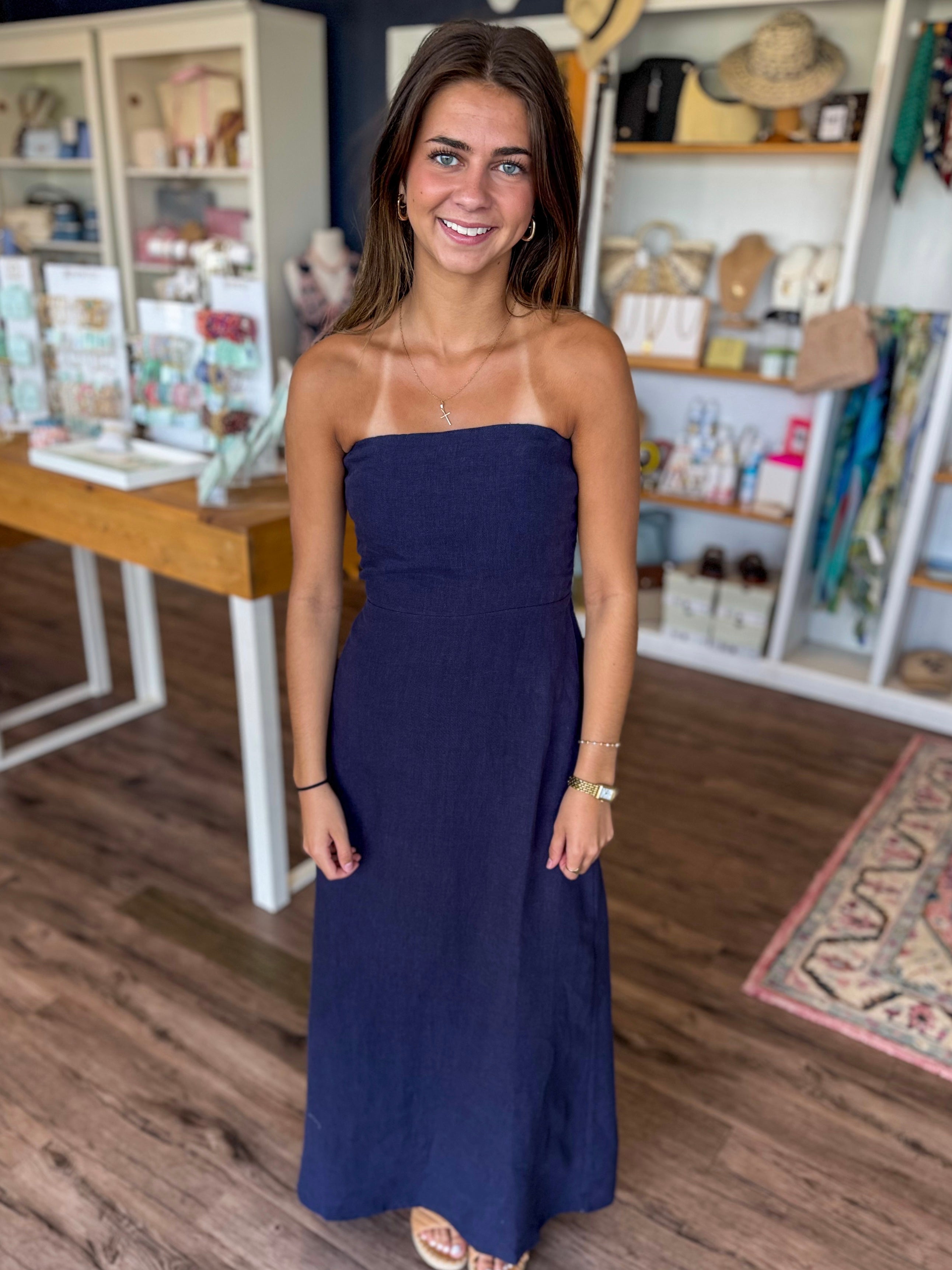 Navy Linen Strapless Dress