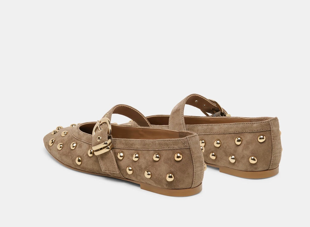 Mikel Studded Olive Suede Flat