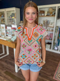 Stripe Floral Embroidered Top