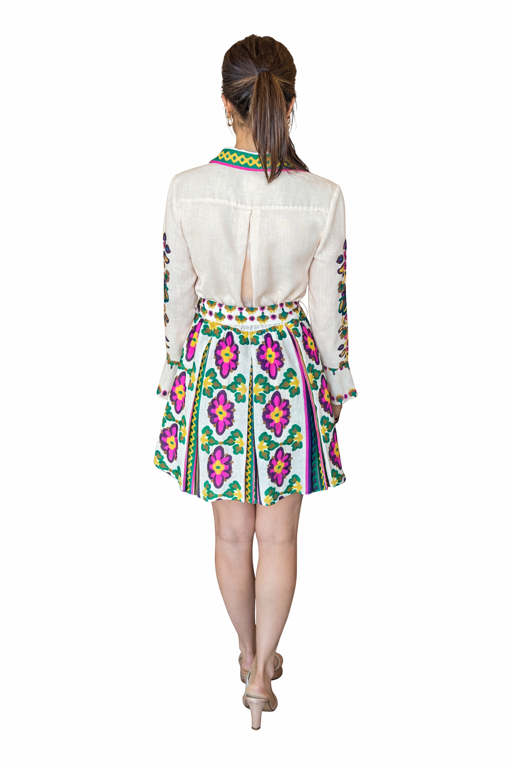 Cream Floral Pleated Dress