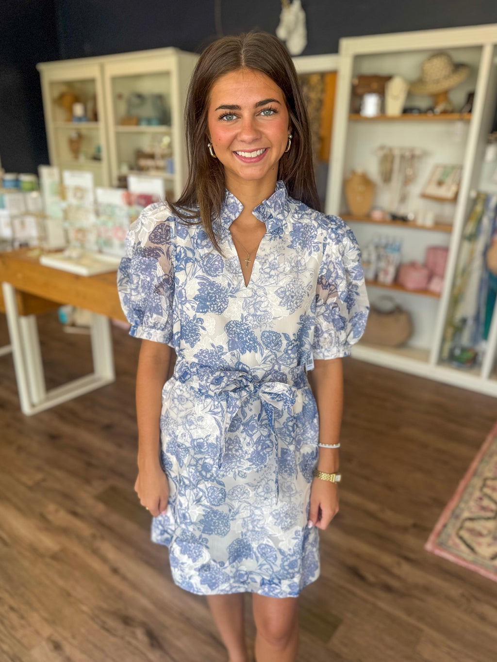 Indigo Flower Collar Chemise Dress