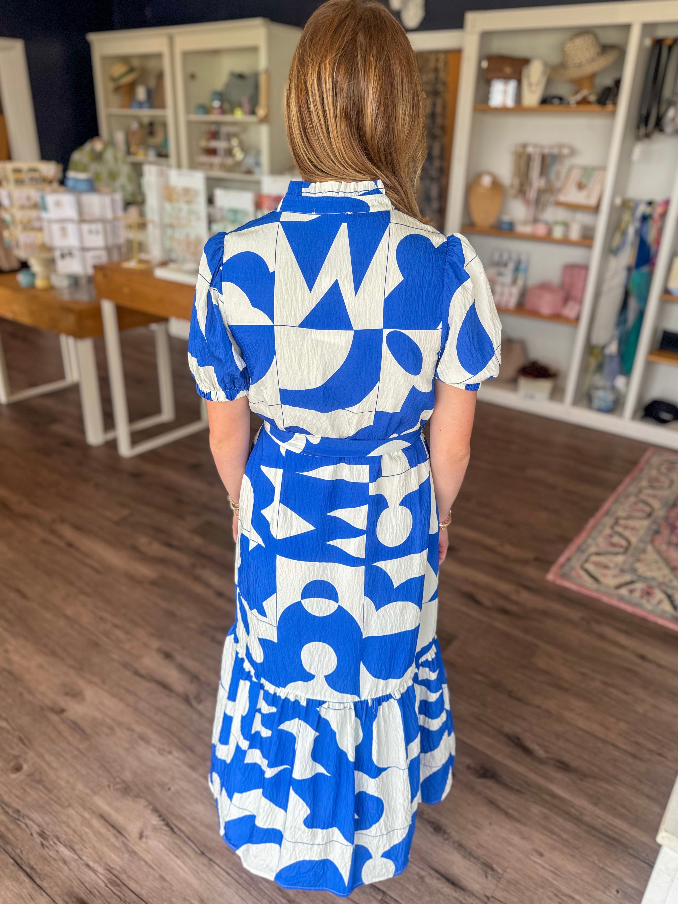 Blue Geo Pattern Midi Dress