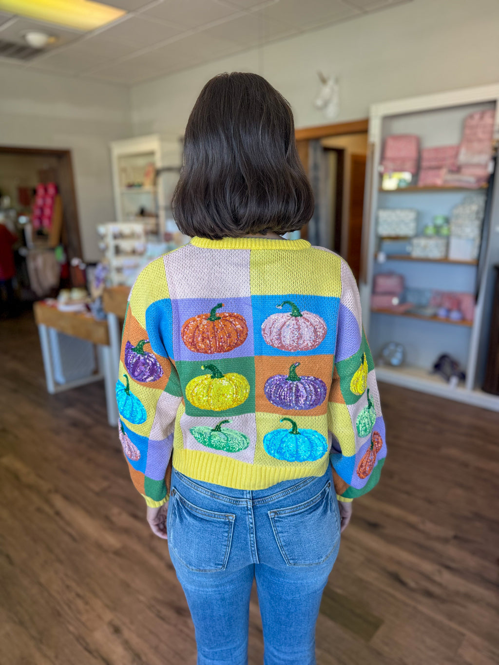 Pastel Sequin Color Block Pumpkin Cardigan