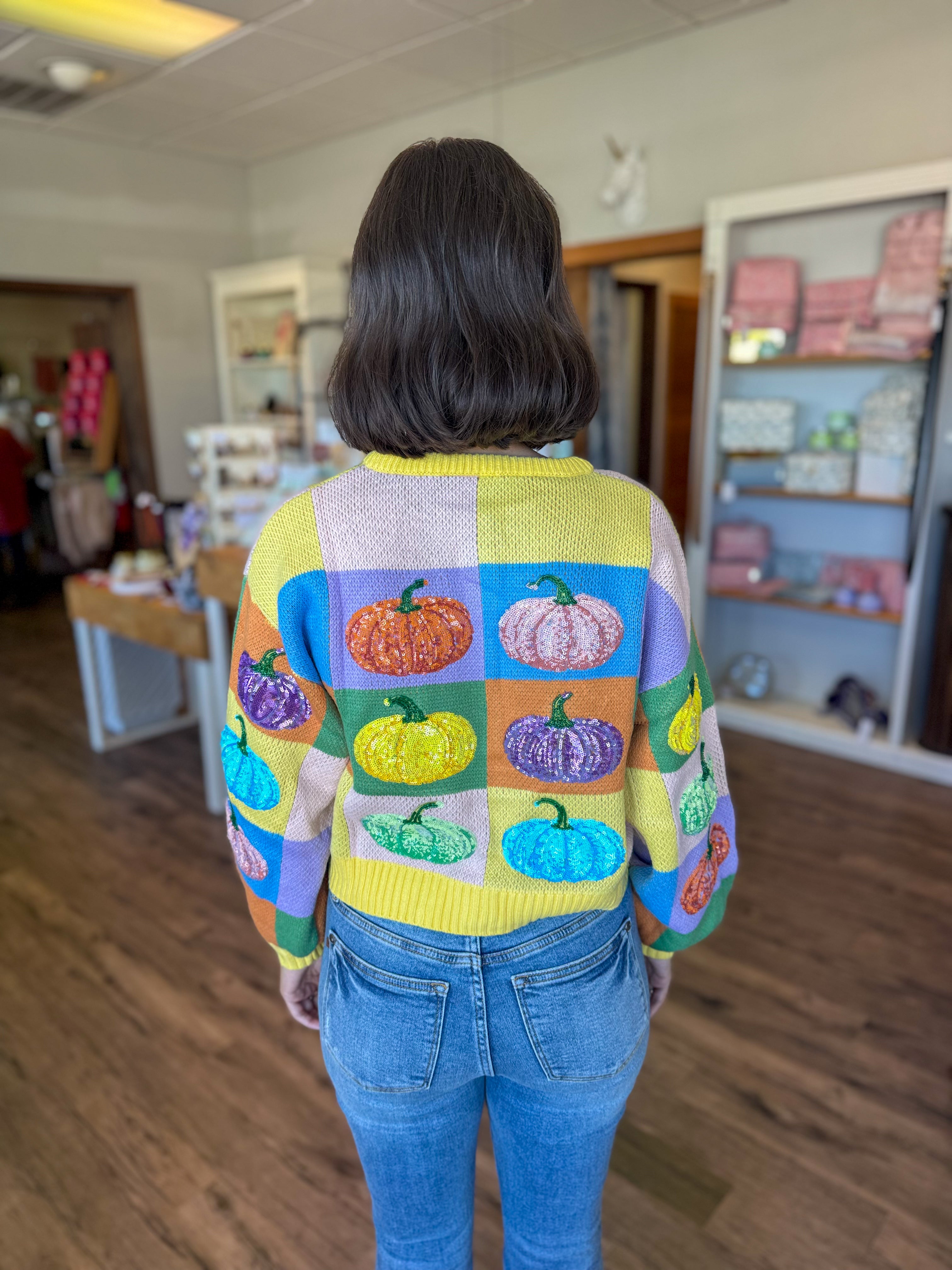 Pastel Sequin Color Block Pumpkin Cardigan