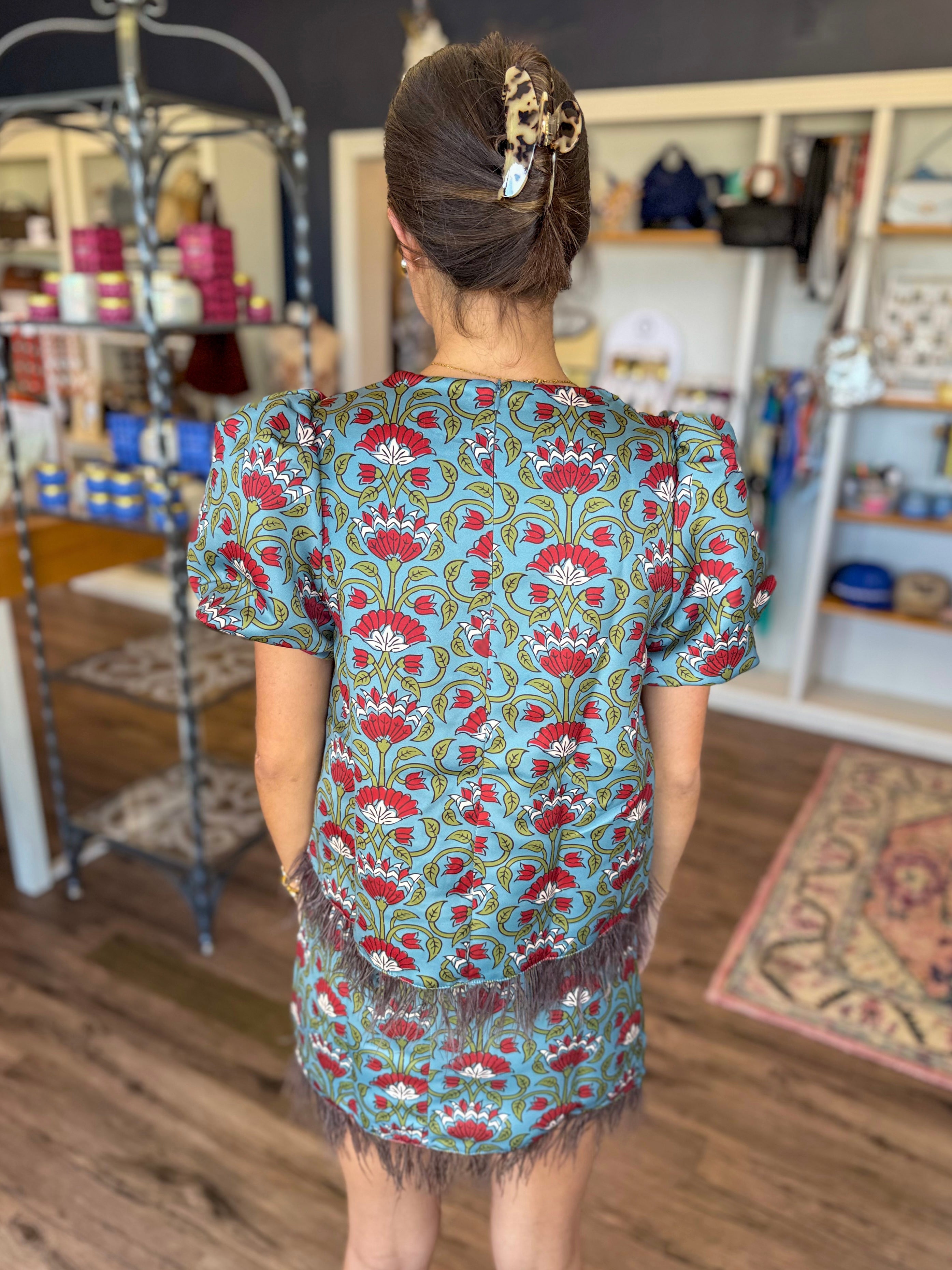 Teal Floral Fringe Top
