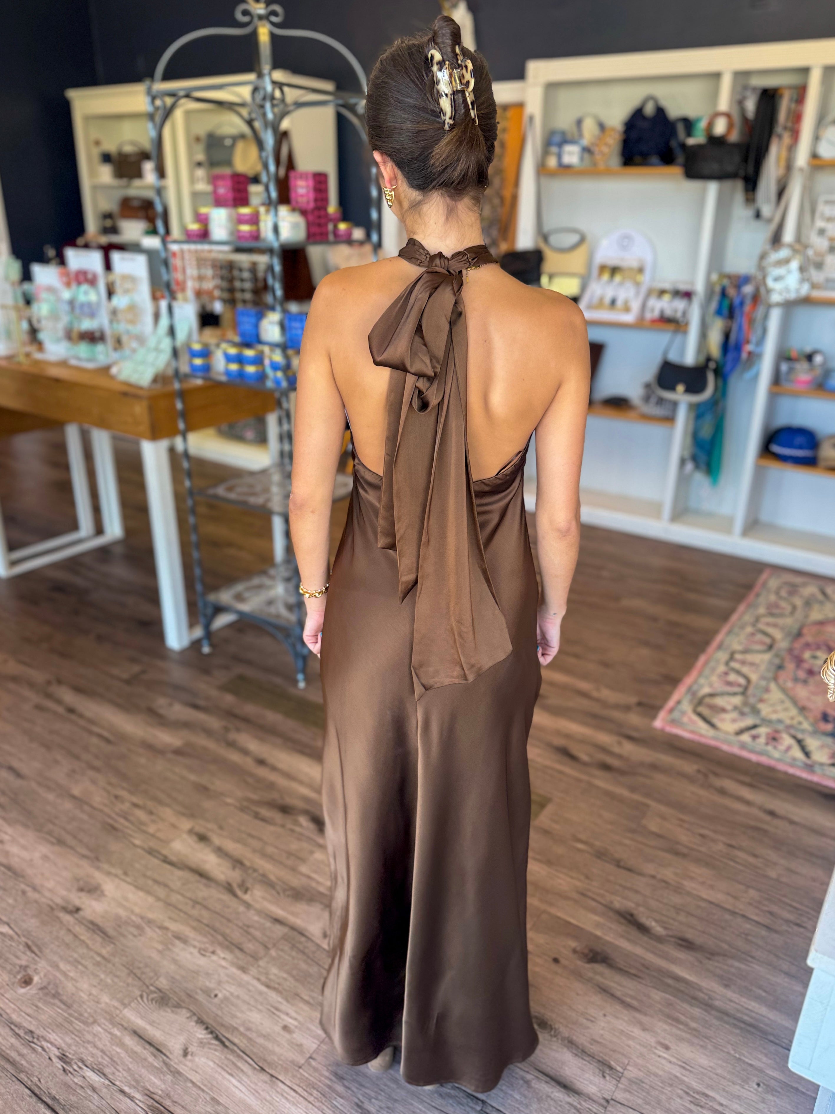 Chocolate Satin Maxi Dress