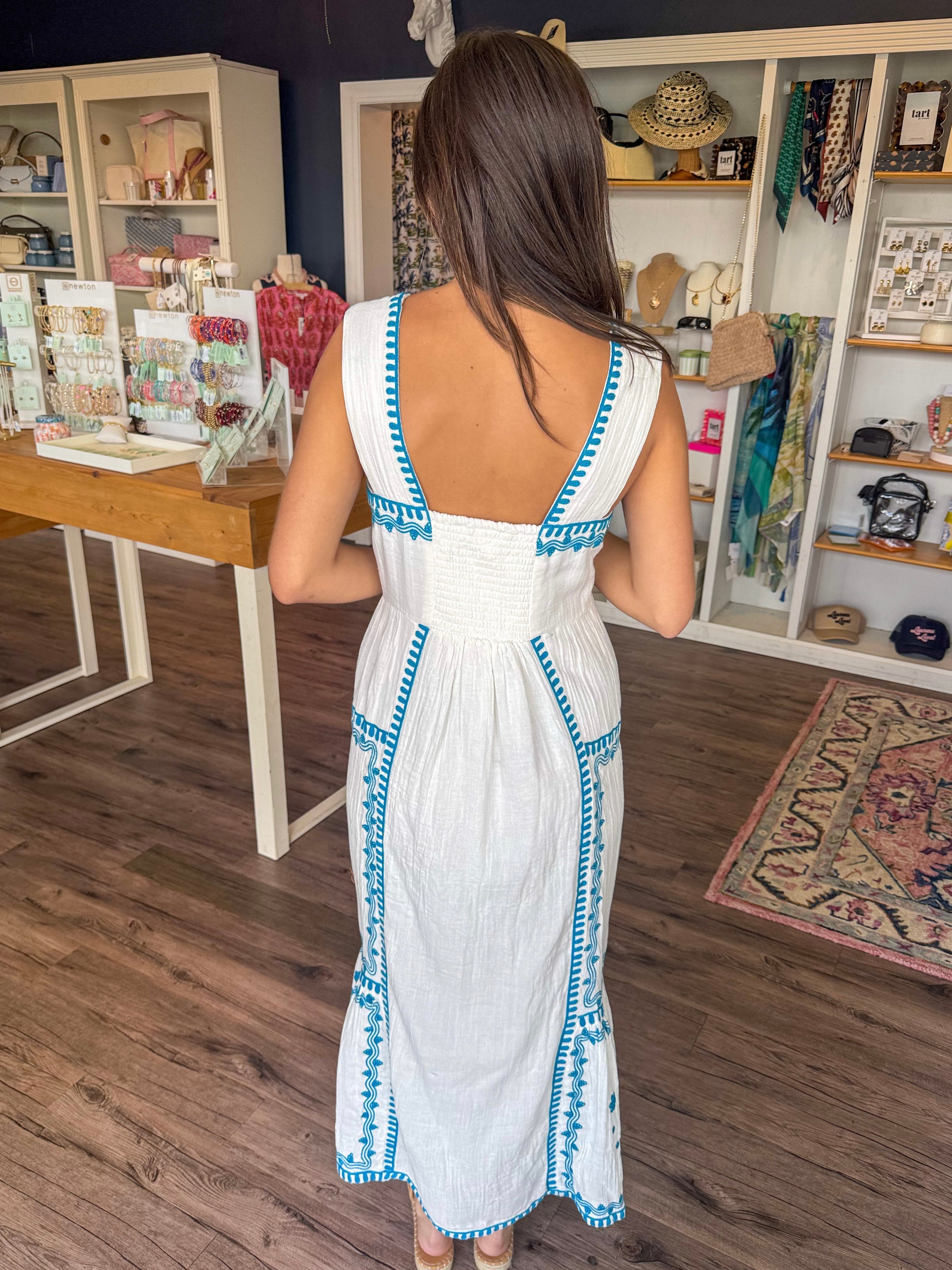 Blue and White Gauze Embroidered Sundress
