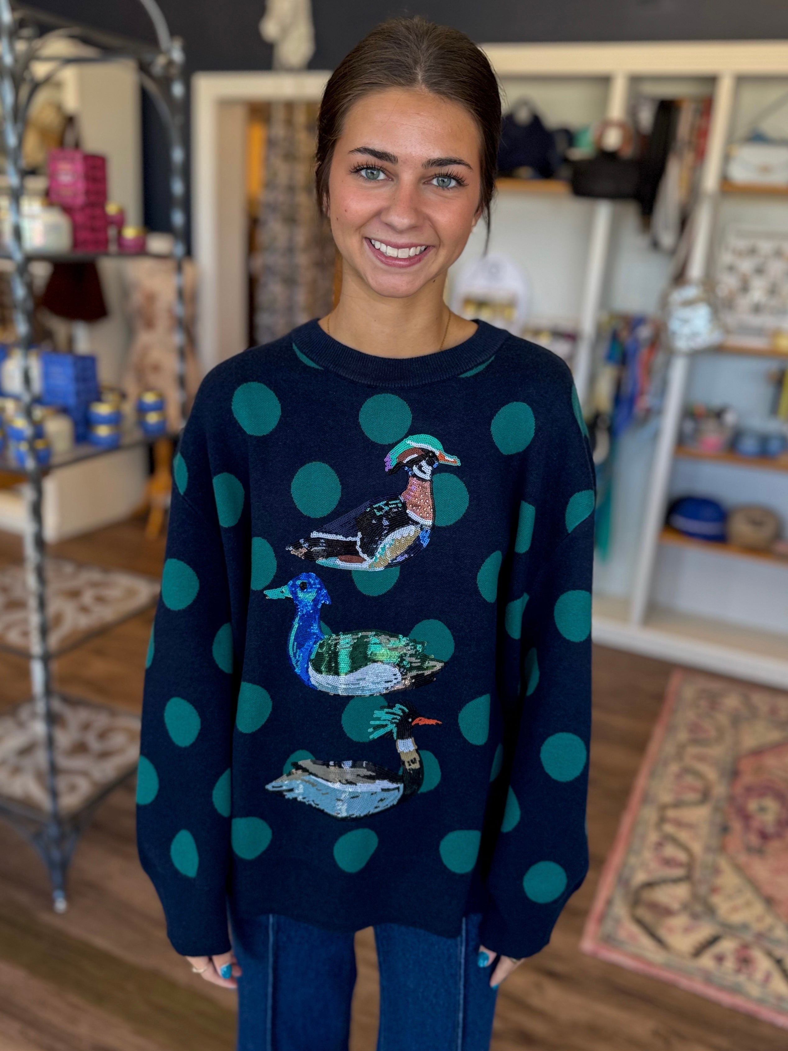 Navy Polkadot Sequin Duck Sweatshirt