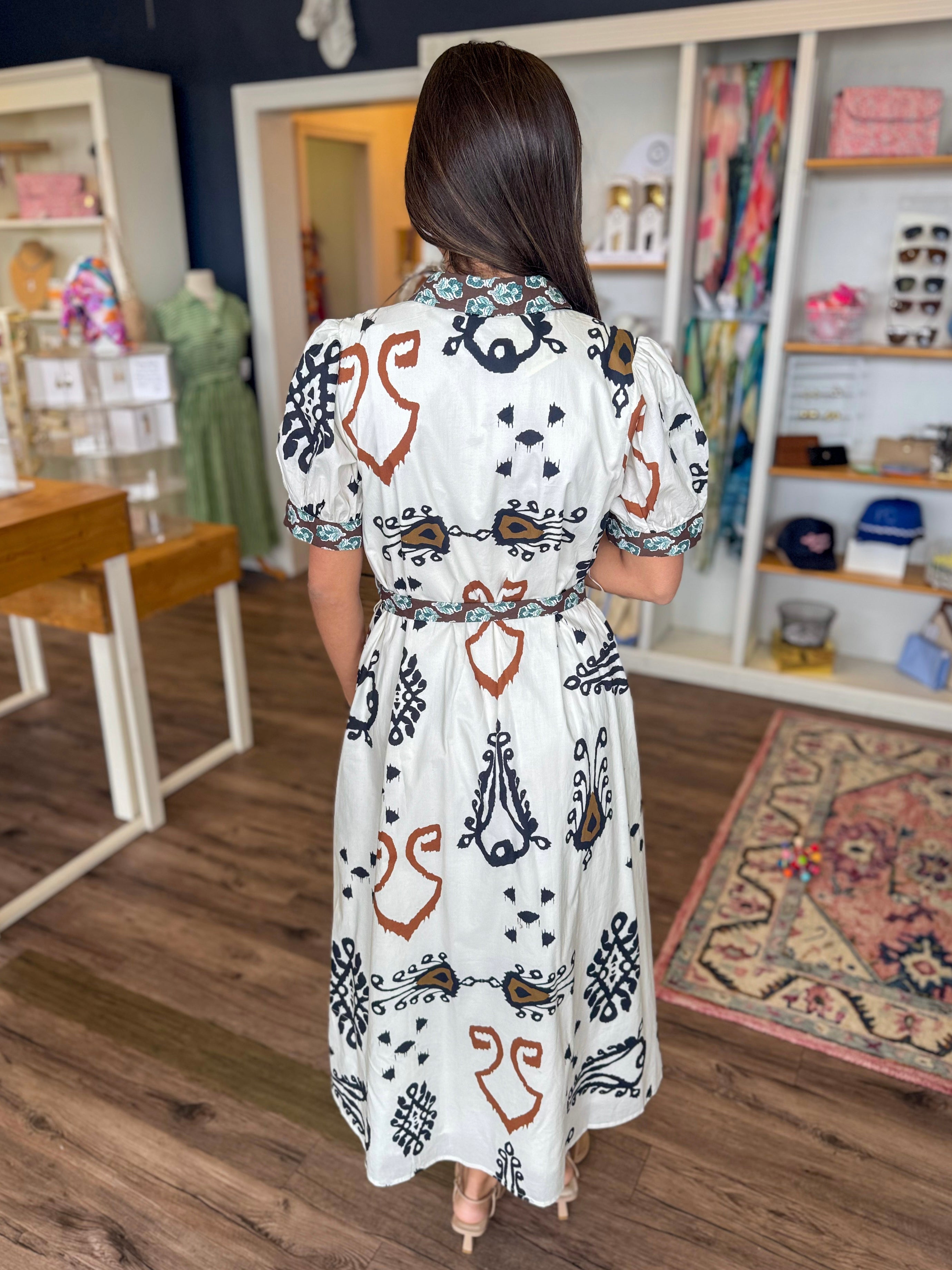 Black and Tan Ikat Midi Dress