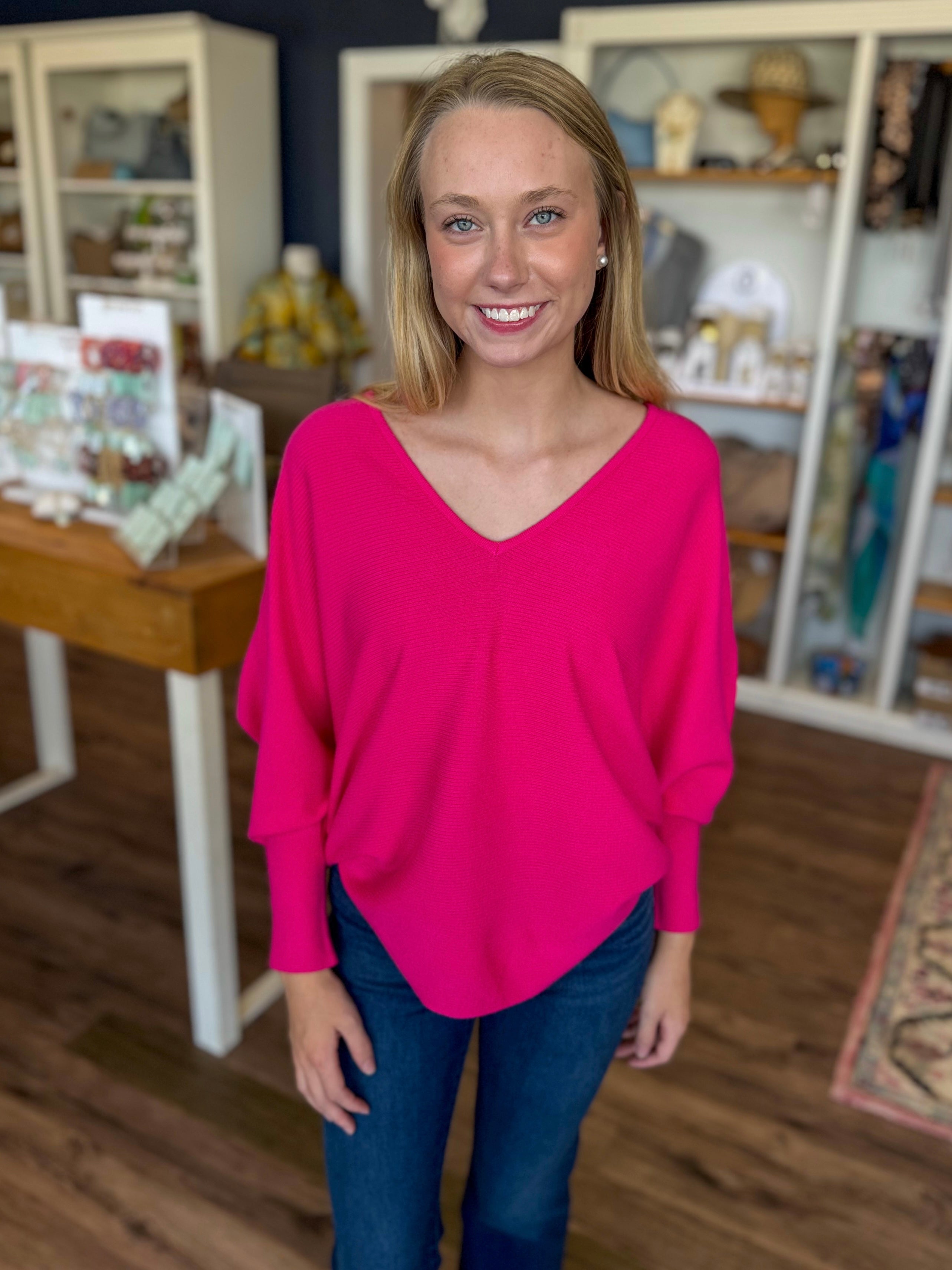 RYU V-Neck Sweater in Hot Pink