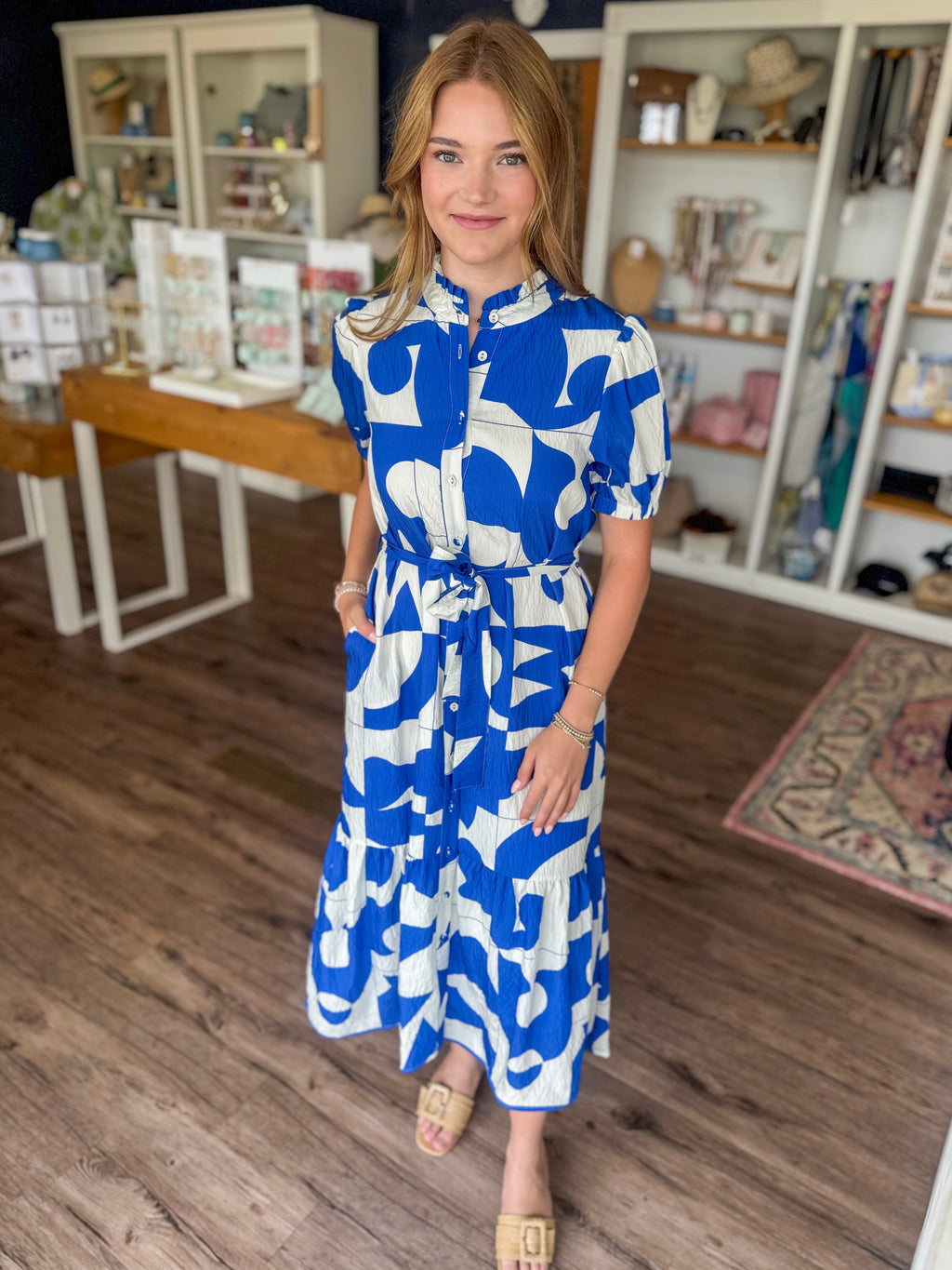 Blue Geo Pattern Midi Dress