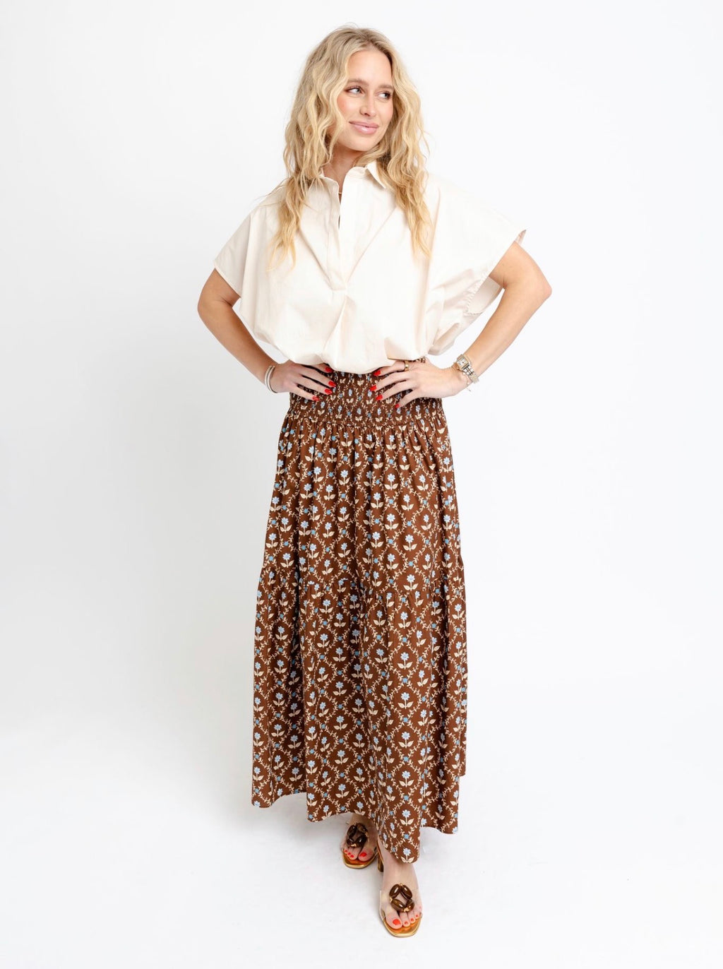 Brown Floral Fields Smocked Maxi Skirt