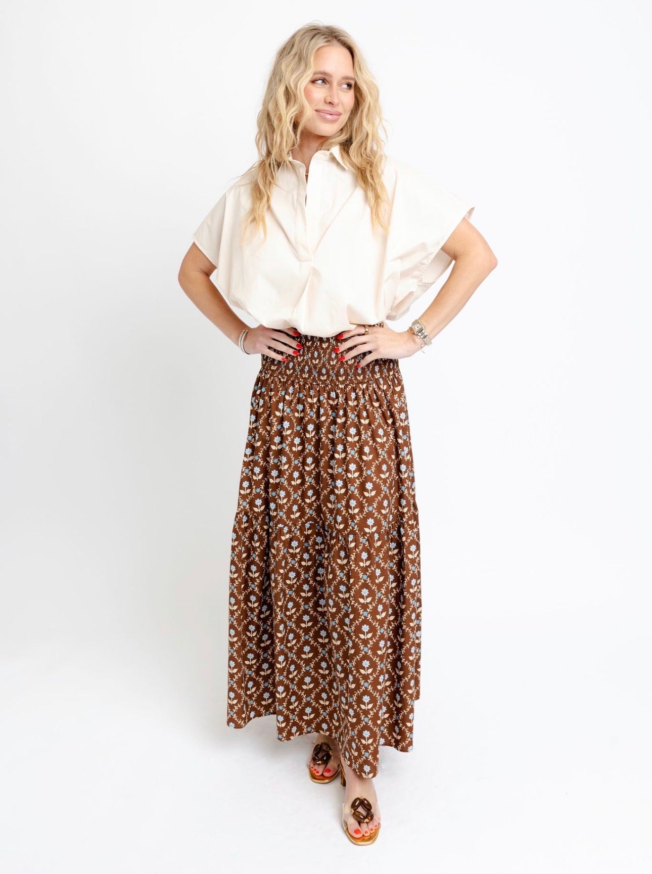 Brown Floral Fields Smocked Maxi Skirt