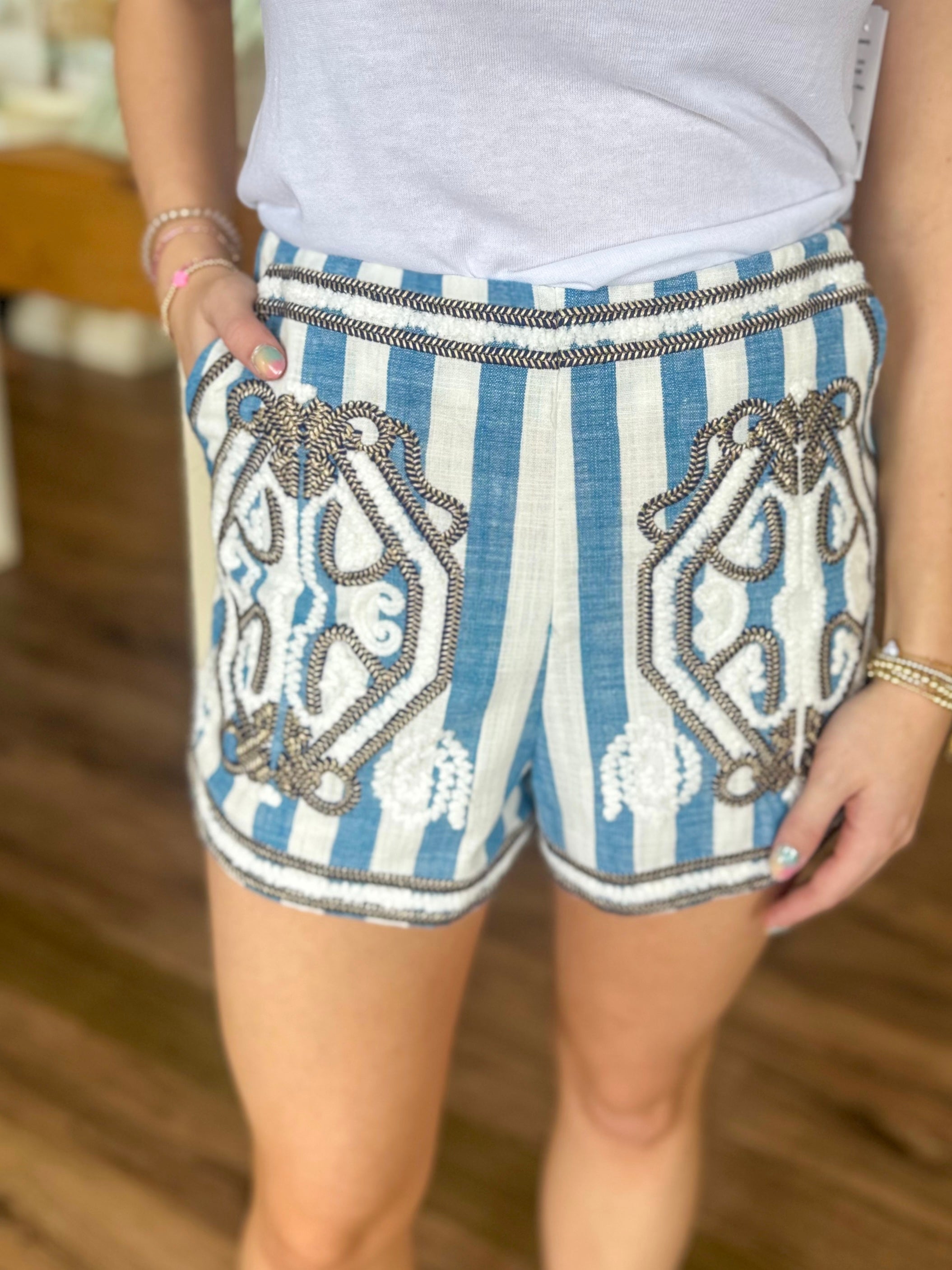Blue Stripe Beaded Shorts