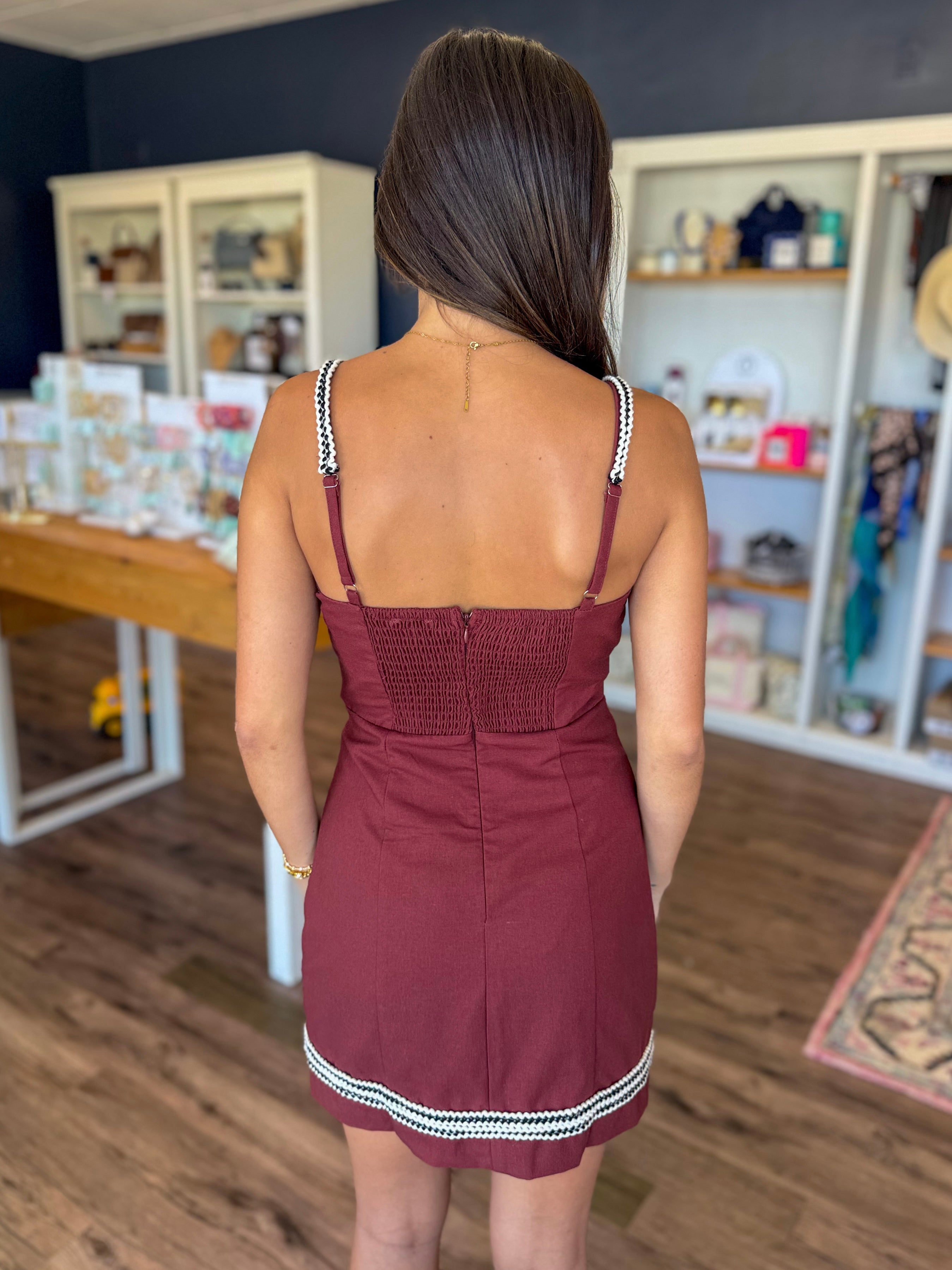 Garnet and Black Contrast Trim Mini Dress