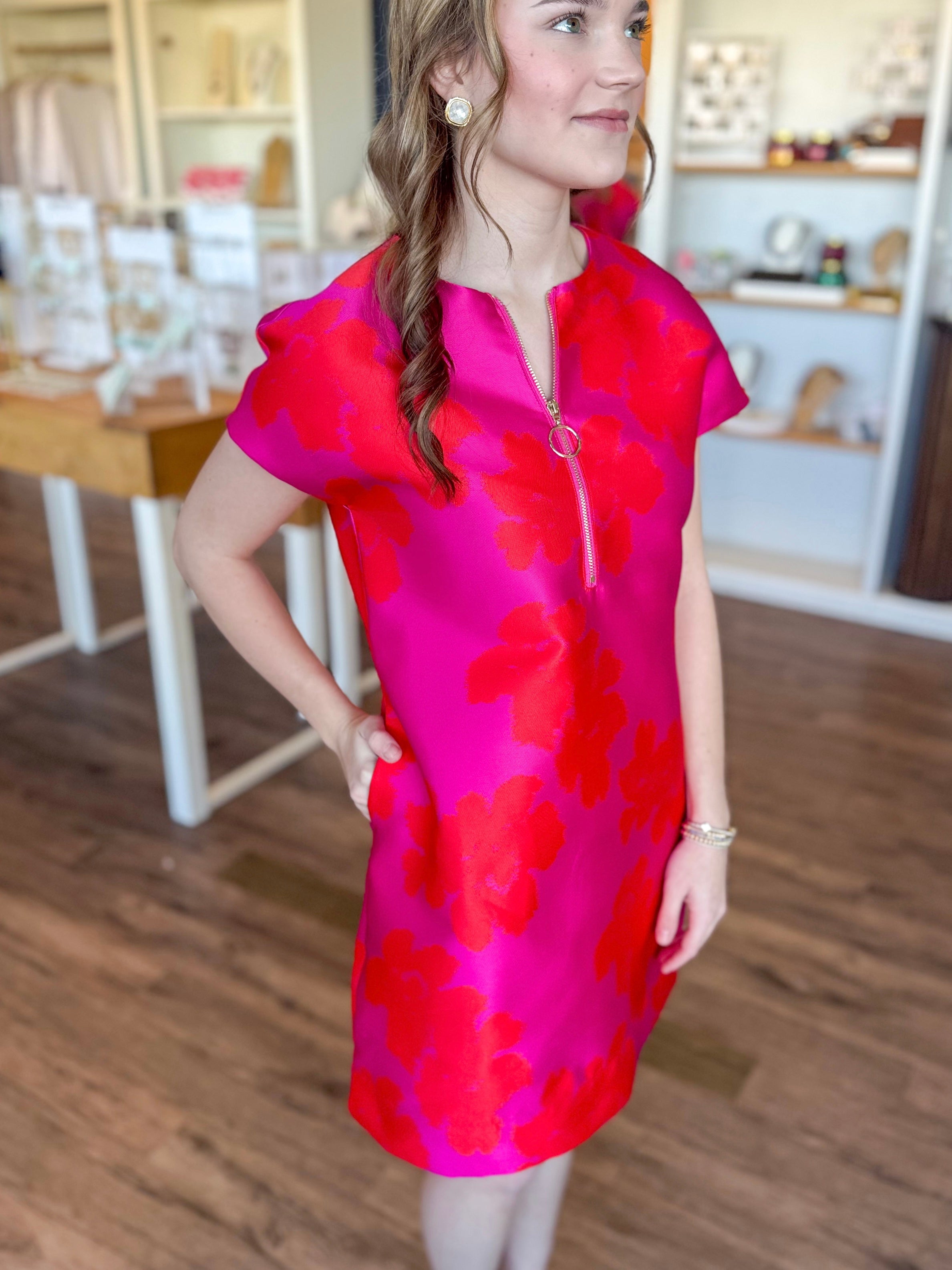 Hibiscus Brocade Shift Dress