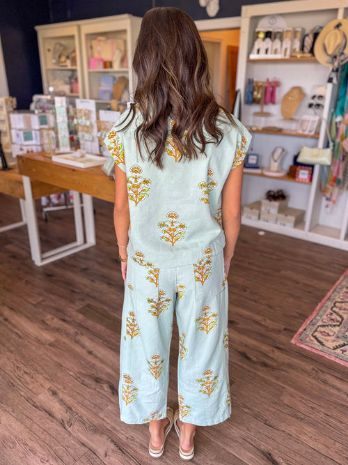 Aqua Printed Barrel Pant
