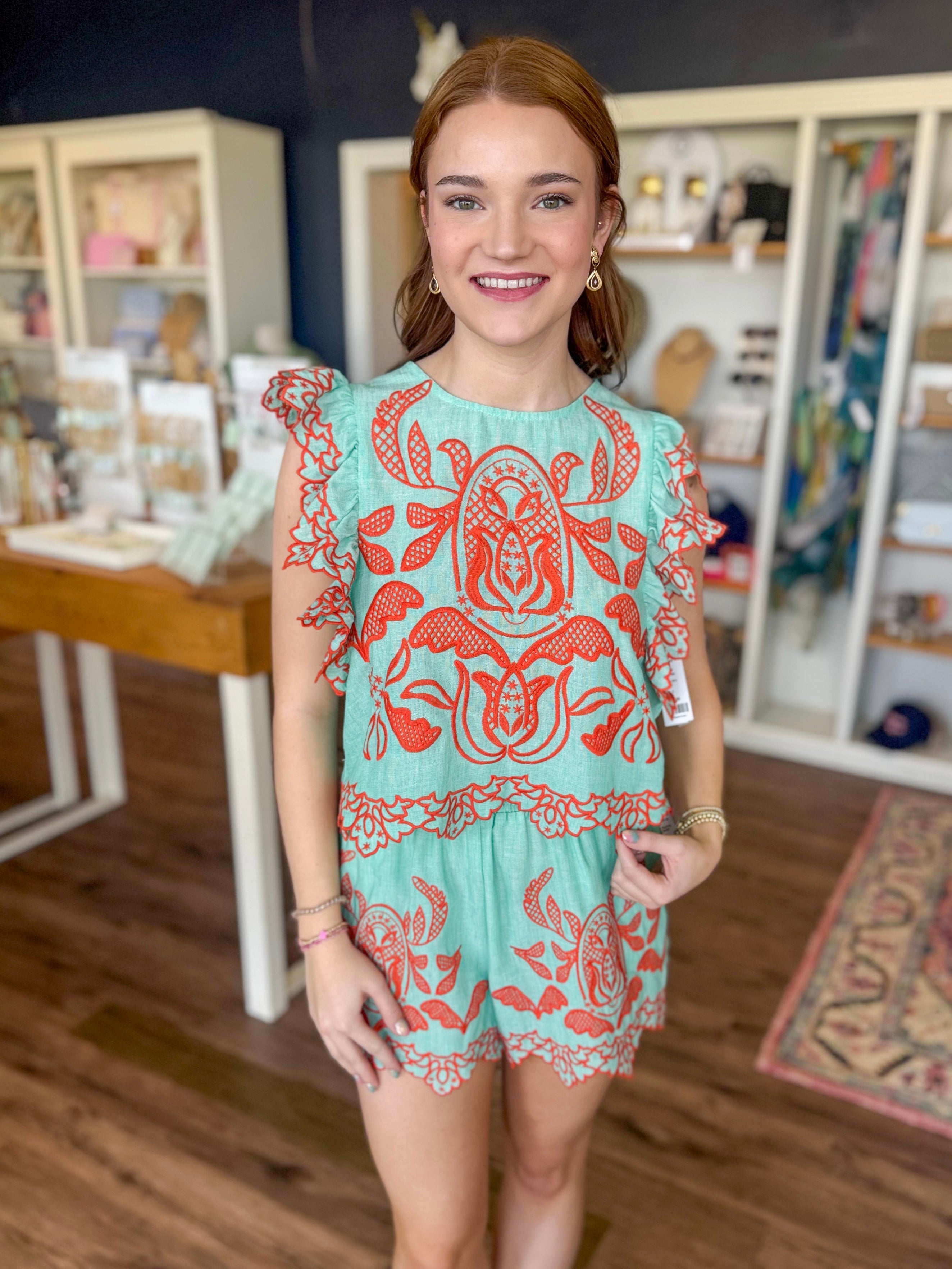 Mint and Orange Embroidered Top