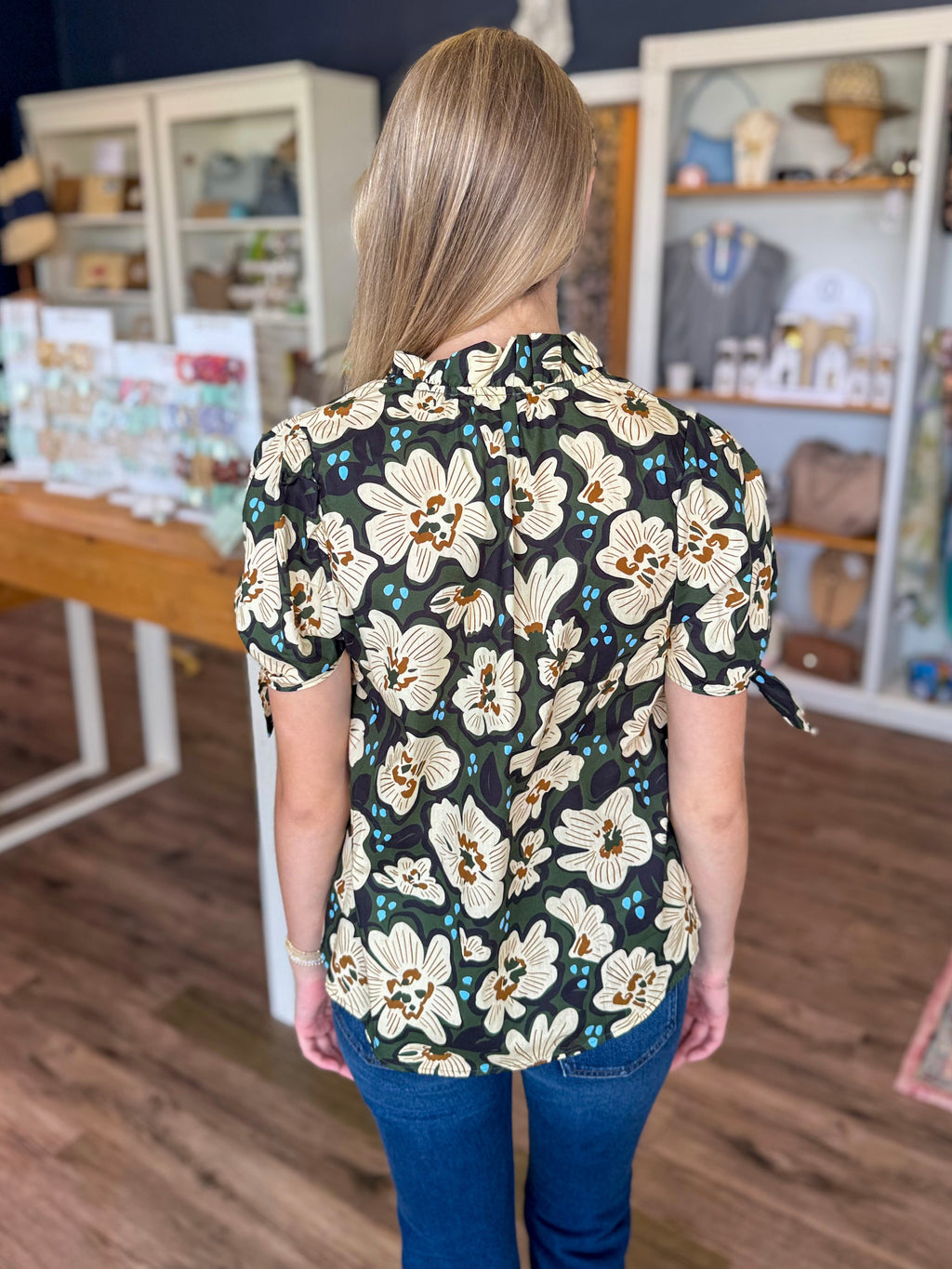 Olive Floral Tie Sleeves Top