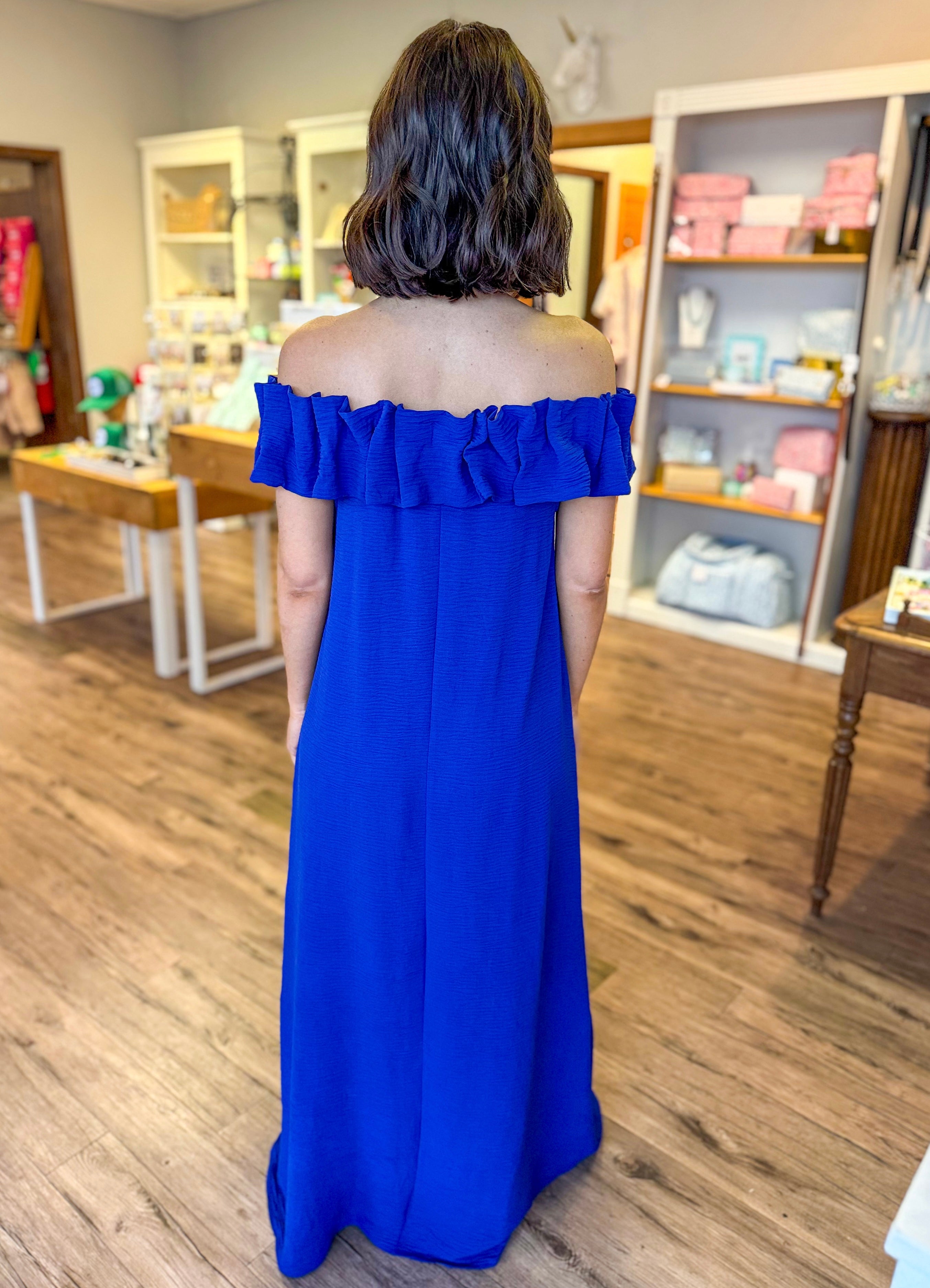 Solid Blue Ruffle Maxi Dress