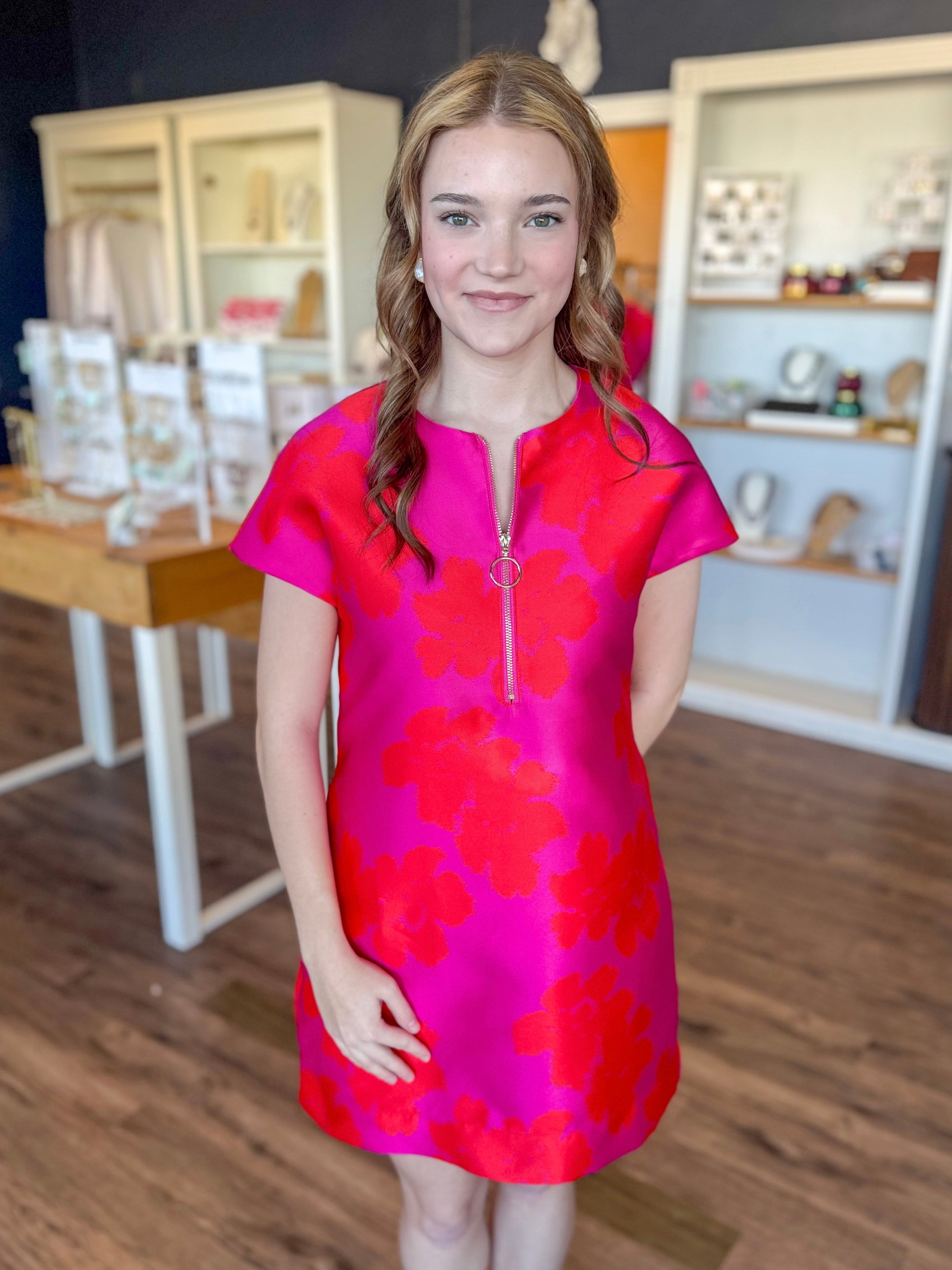 Hibiscus Brocade Shift Dress