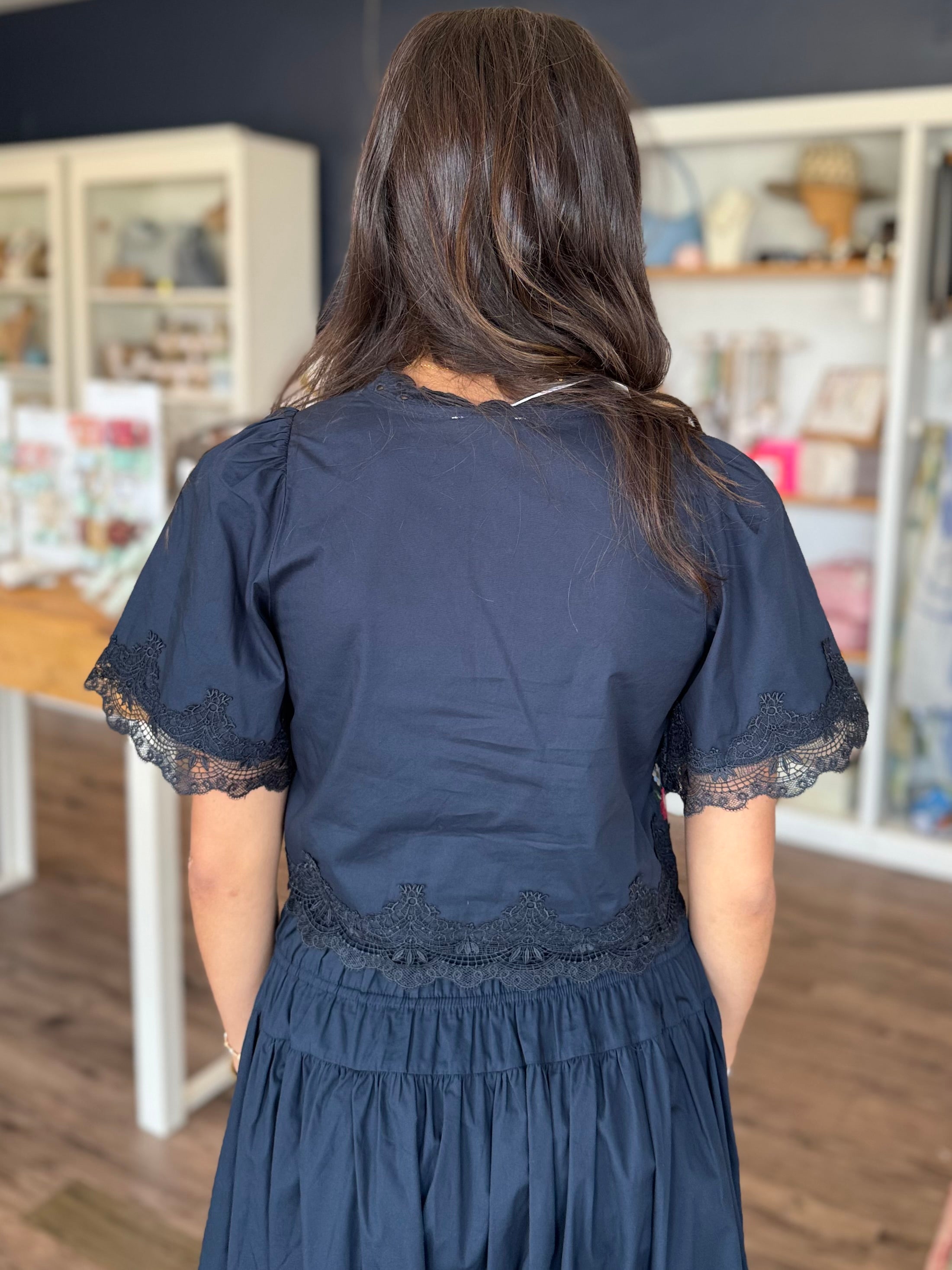Navy Lace Embroider Top