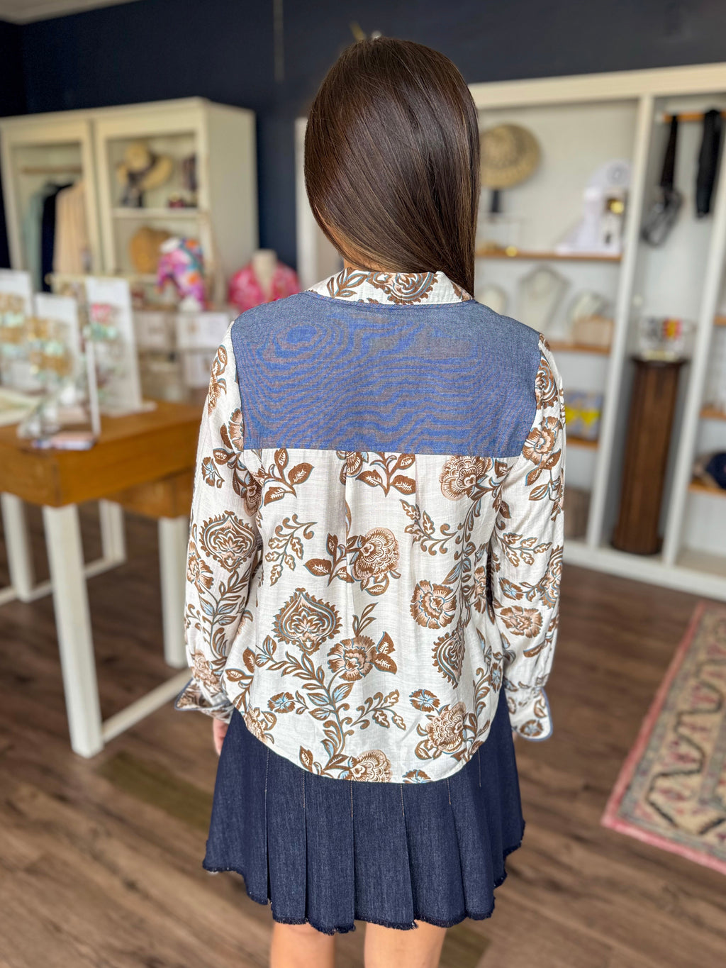 Denim and Brown Printed Top