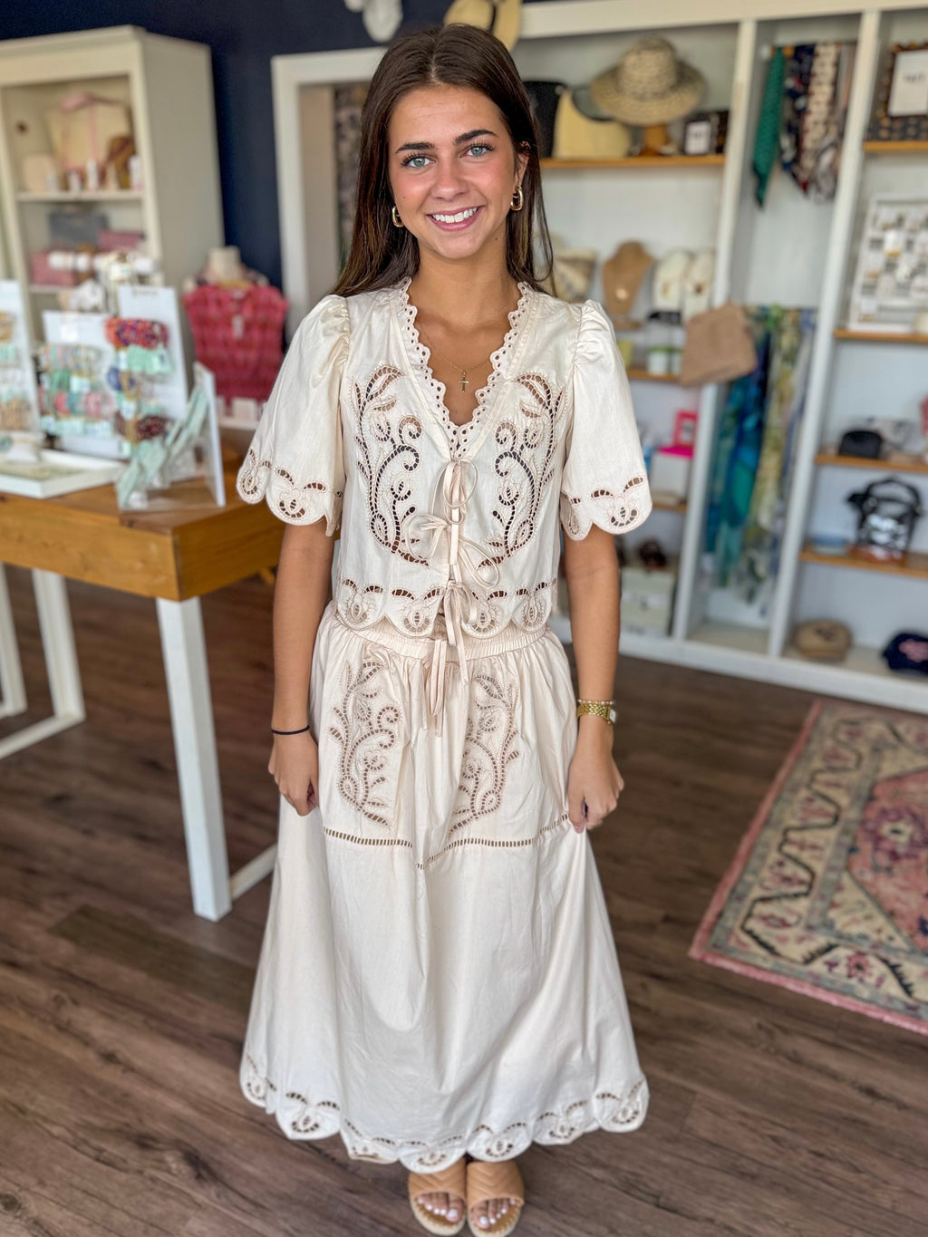 Cream Ladder Lace Scallop Midi Skirt