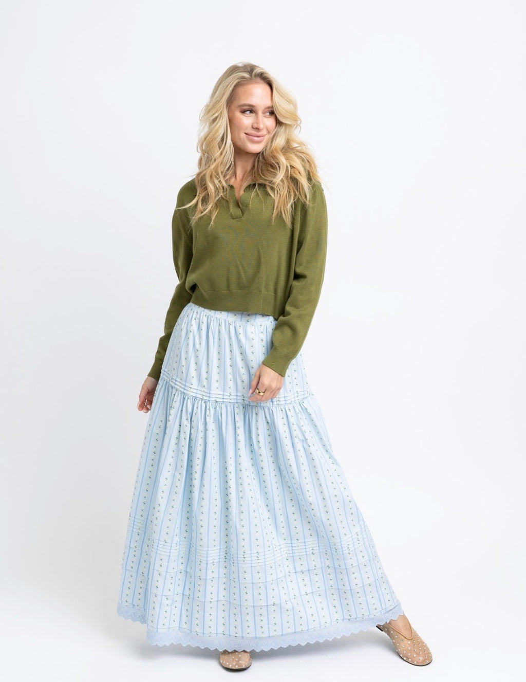 Baby Blue Floral Stripe Maxi Skirt
