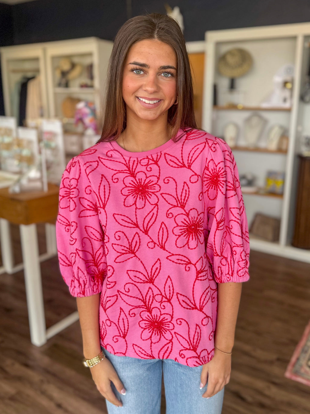 Pink and Red Floral Vines Top