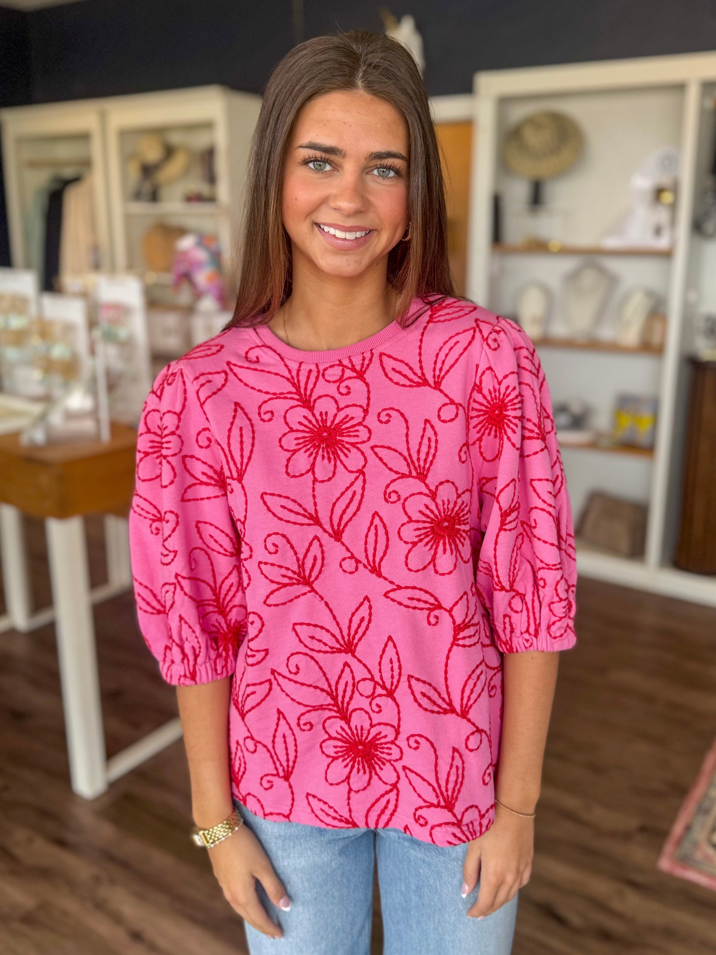 Pink and Red Floral Vines Top