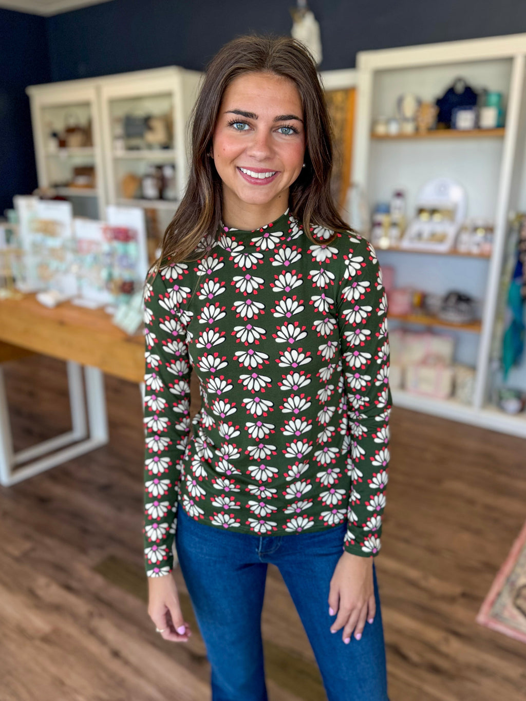 Fitted Olive Floral Top