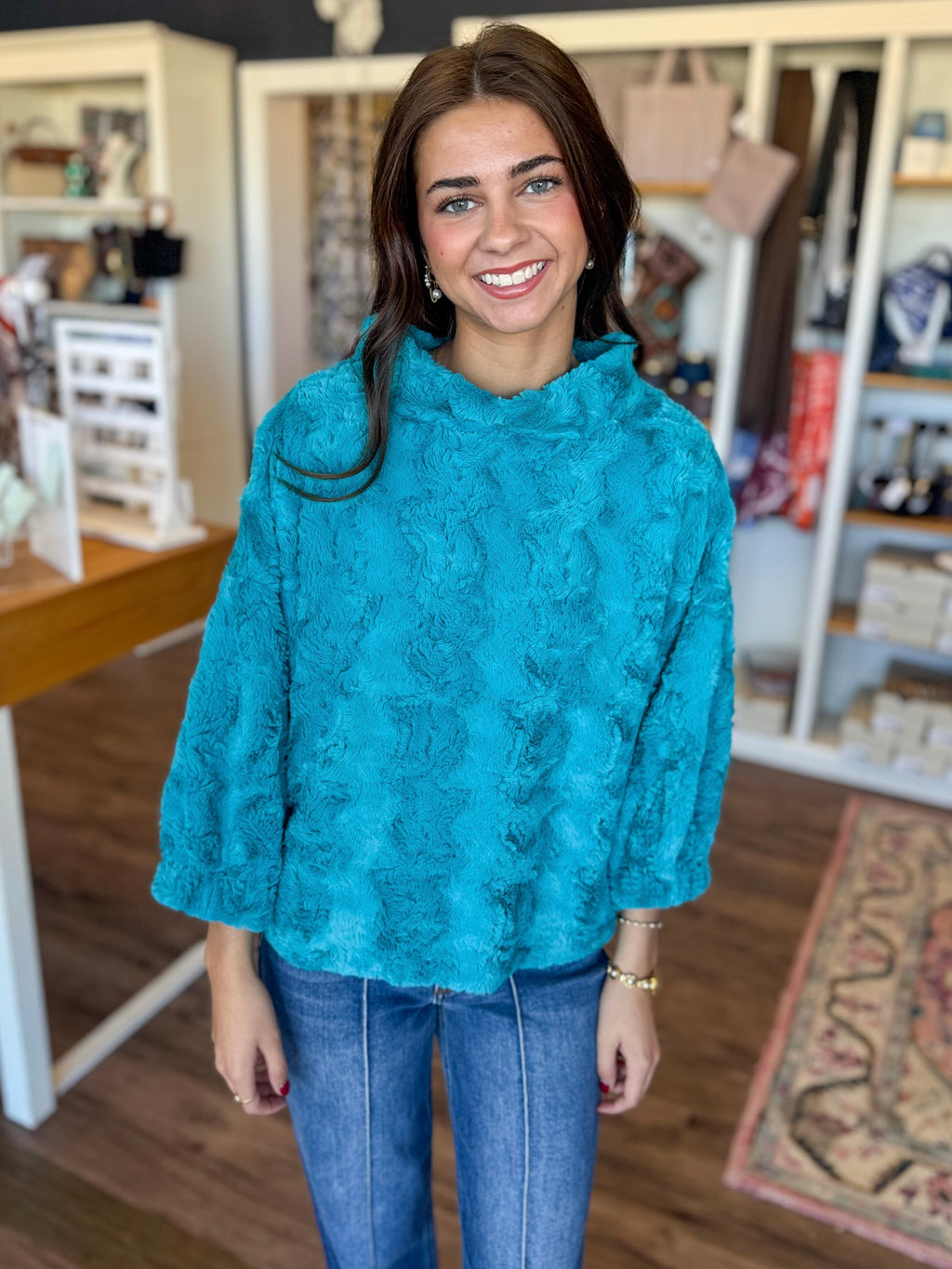 Faux Fur Popover in Teal