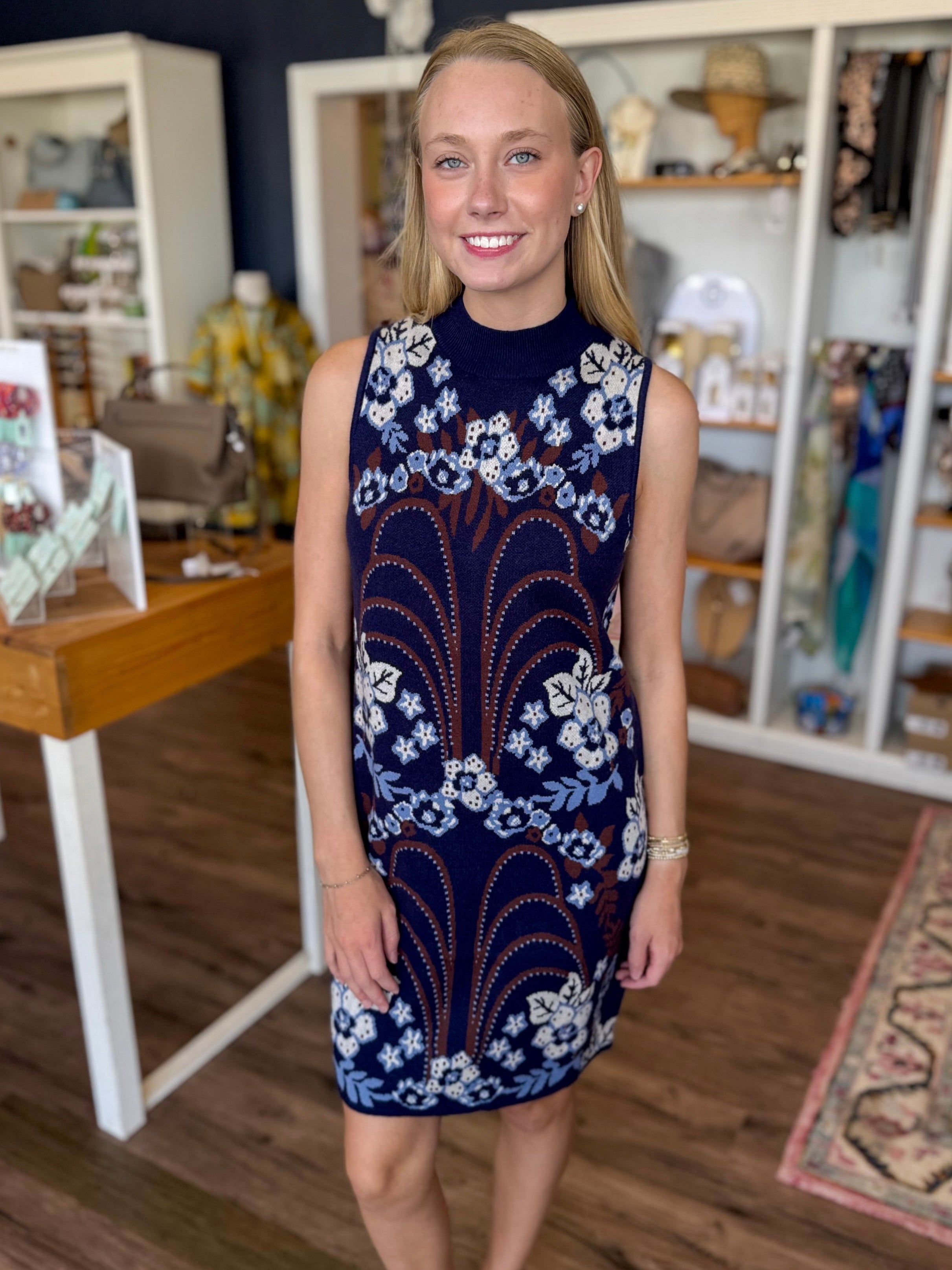 Navy Paisley Sweater Dress
