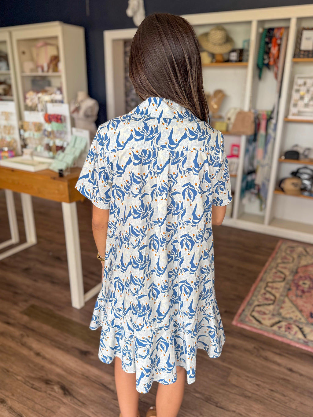 Blue Printed Swing Shirt Dress