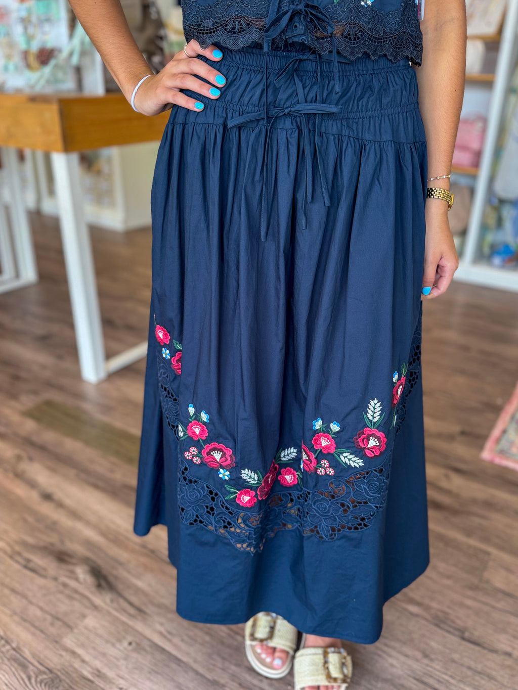 Navy Embroidered Skirt