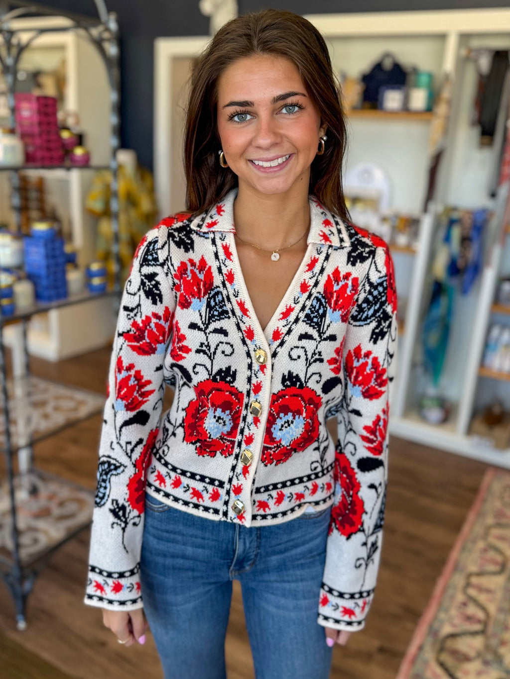 Red Floral Cardigan Sweater