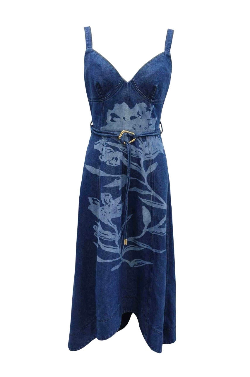 Floral Jacquard Denim Midi Dress