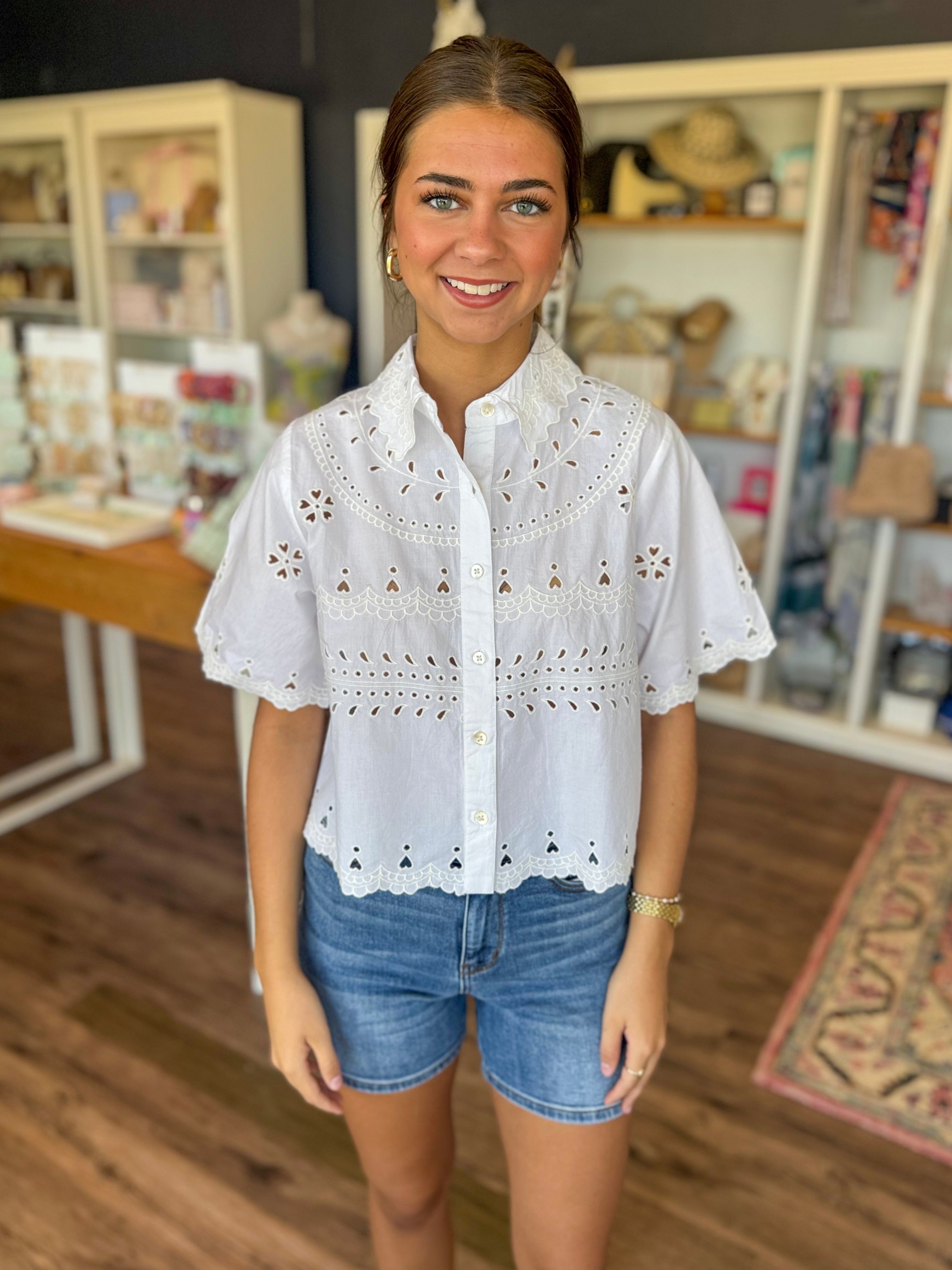 Flower Love Eyelet Collar Top