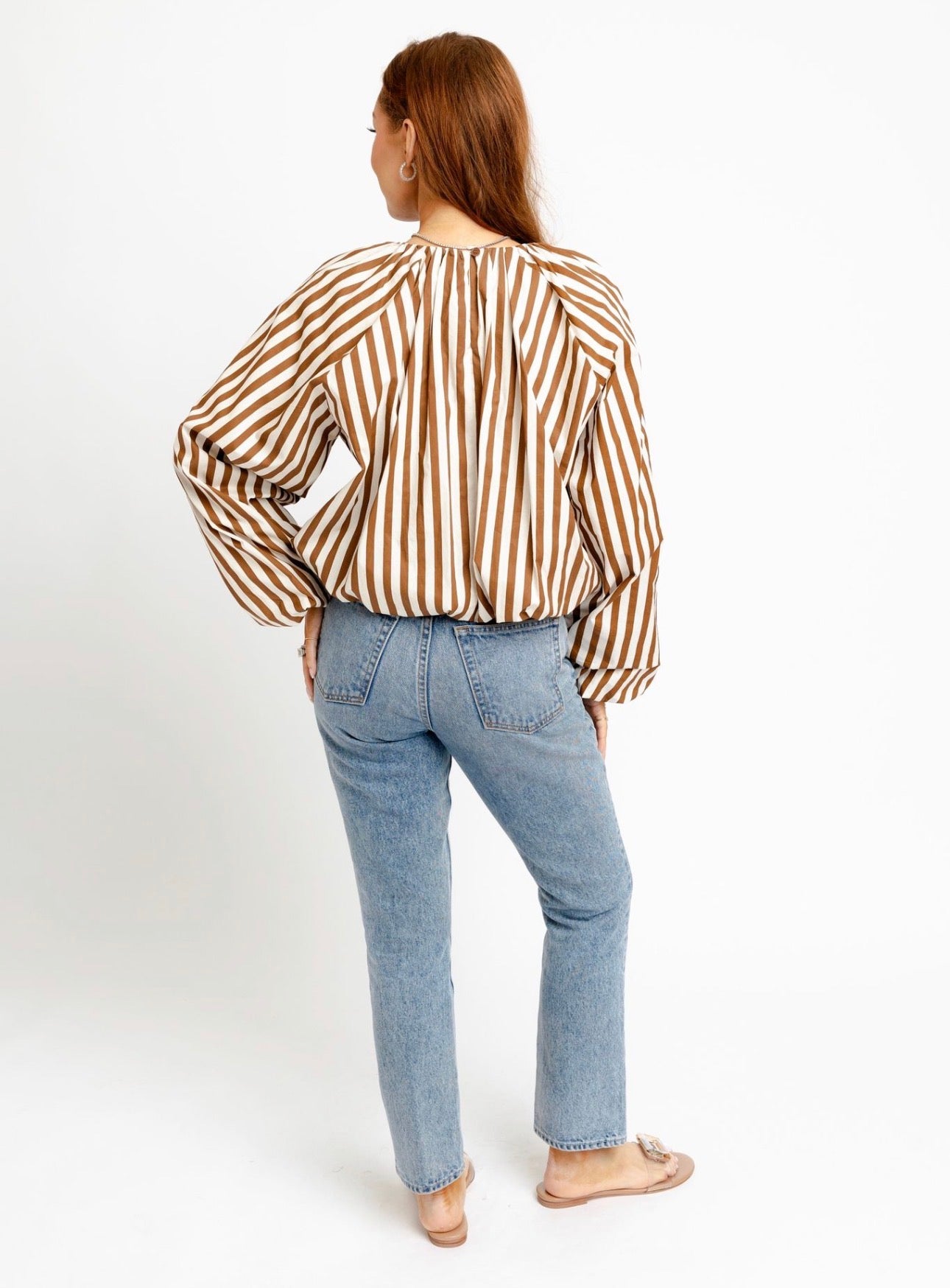 Brown Stripe Bubble Long Sleeve Top