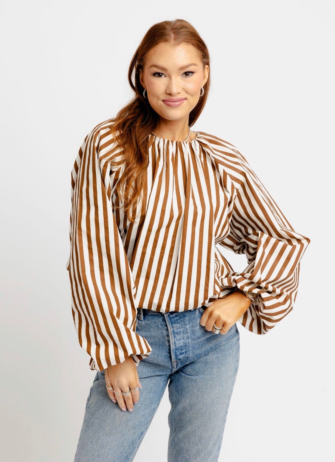 Brown Stripe Bubble Long Sleeve Top