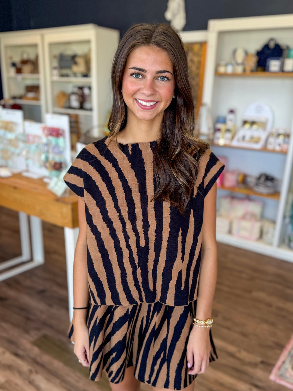 Boxy Tiger Stripe Mock Neck Top