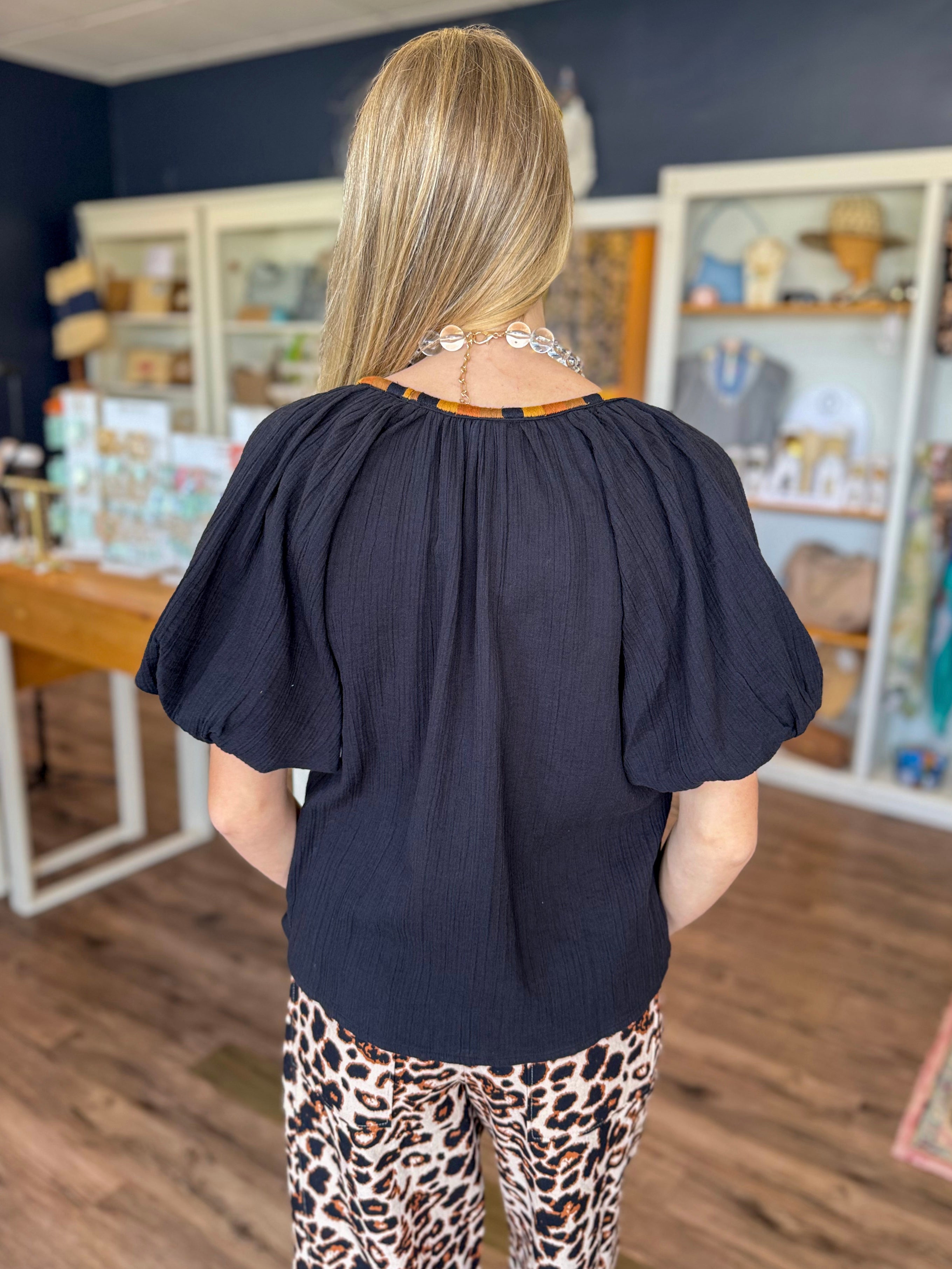 Black Gauze Embroidered Neck Top