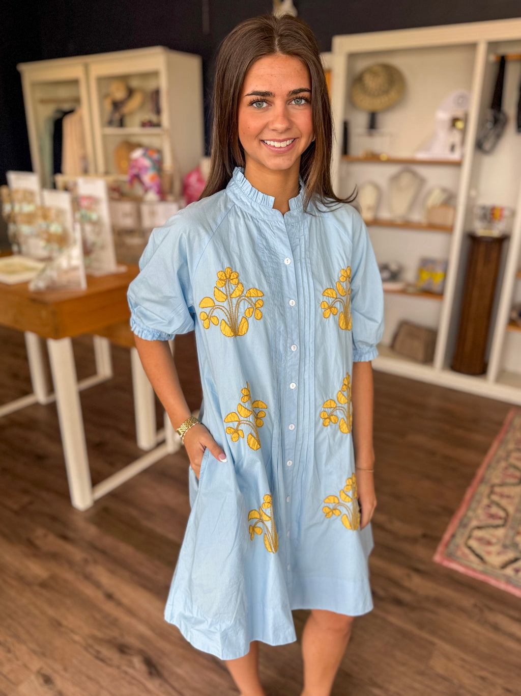 Blue and Gold Blocked Embroidery Dress