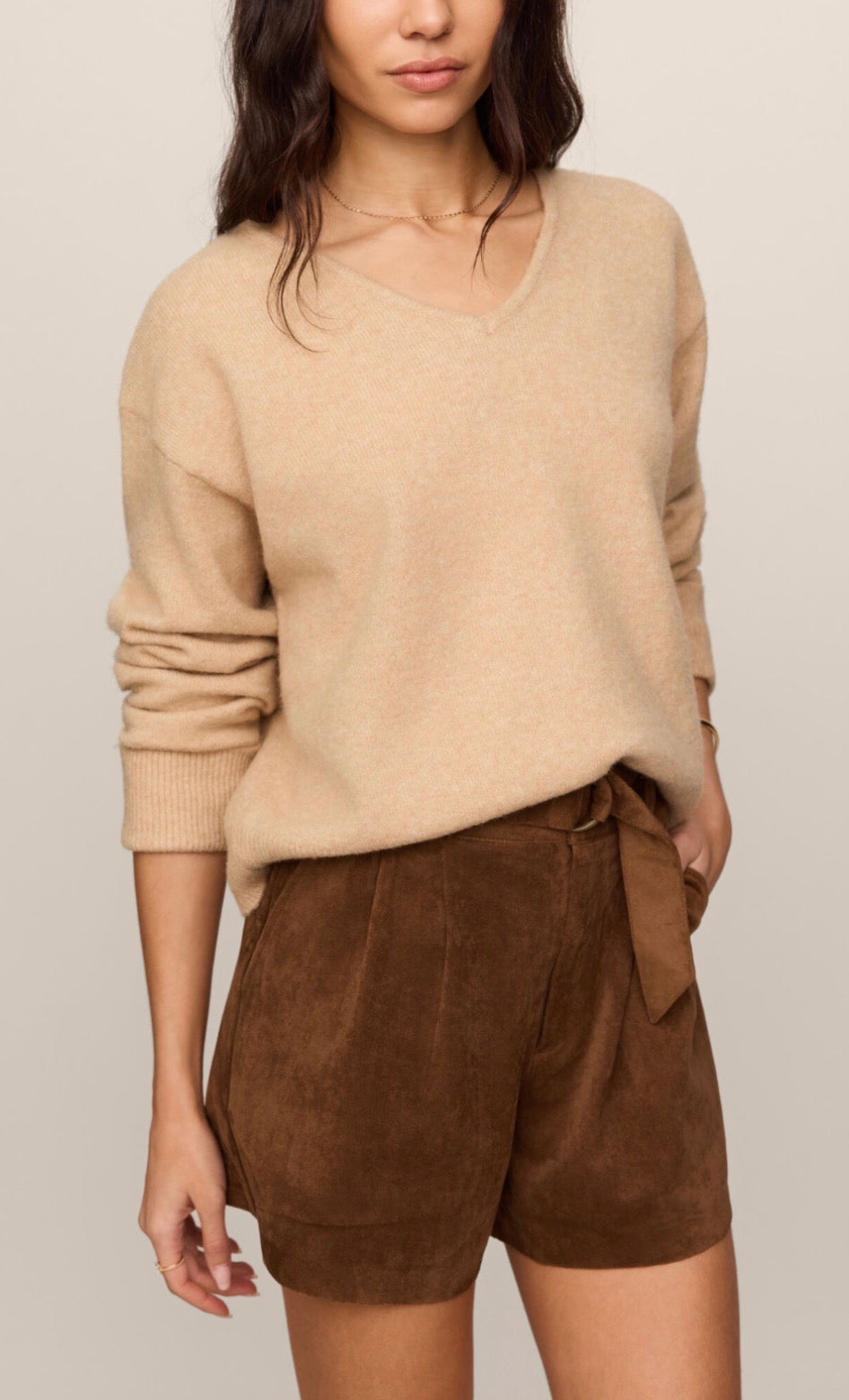 Ivory Suede Shorts in Saddle