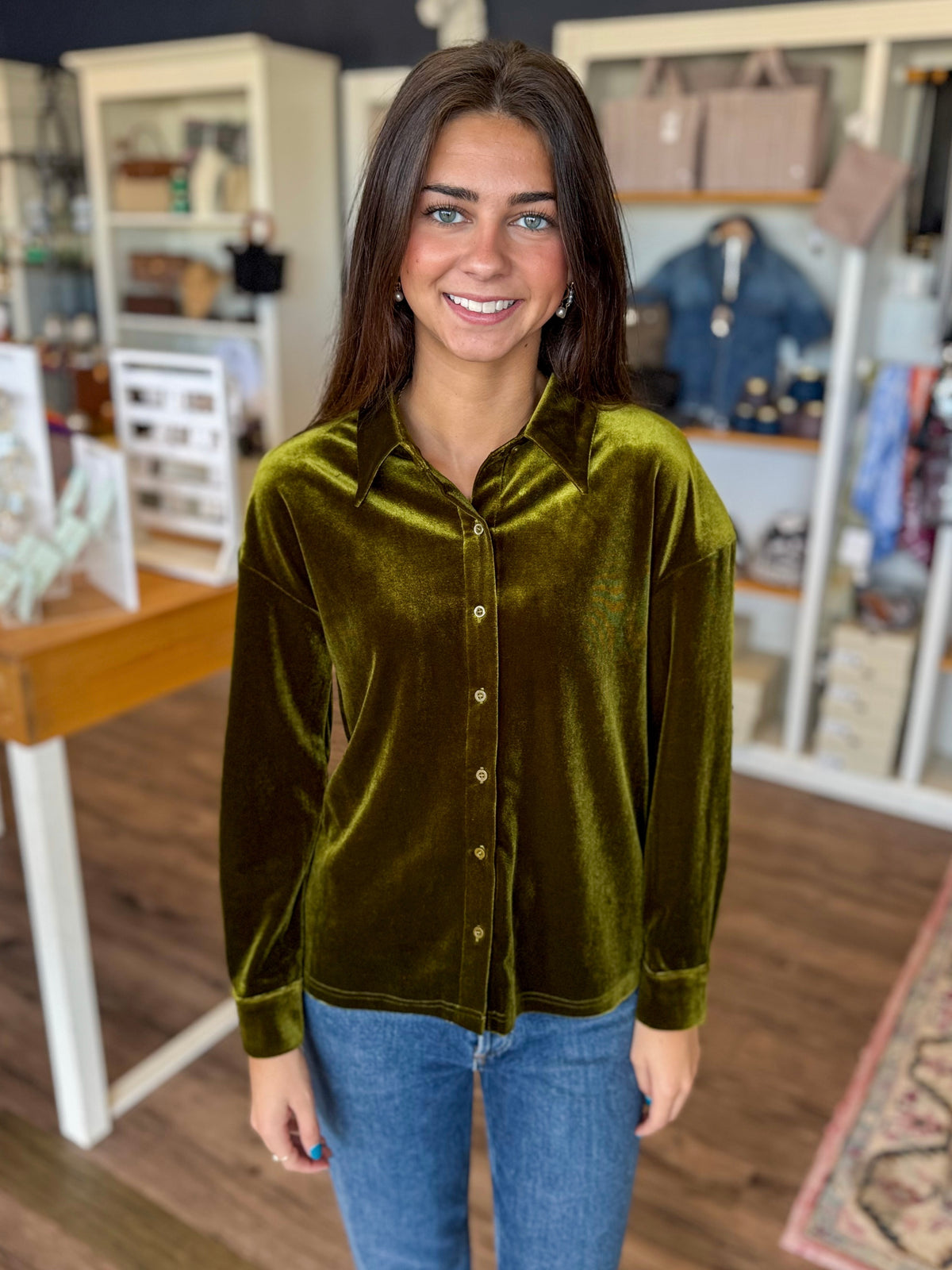 Velvet Button Up in Olive