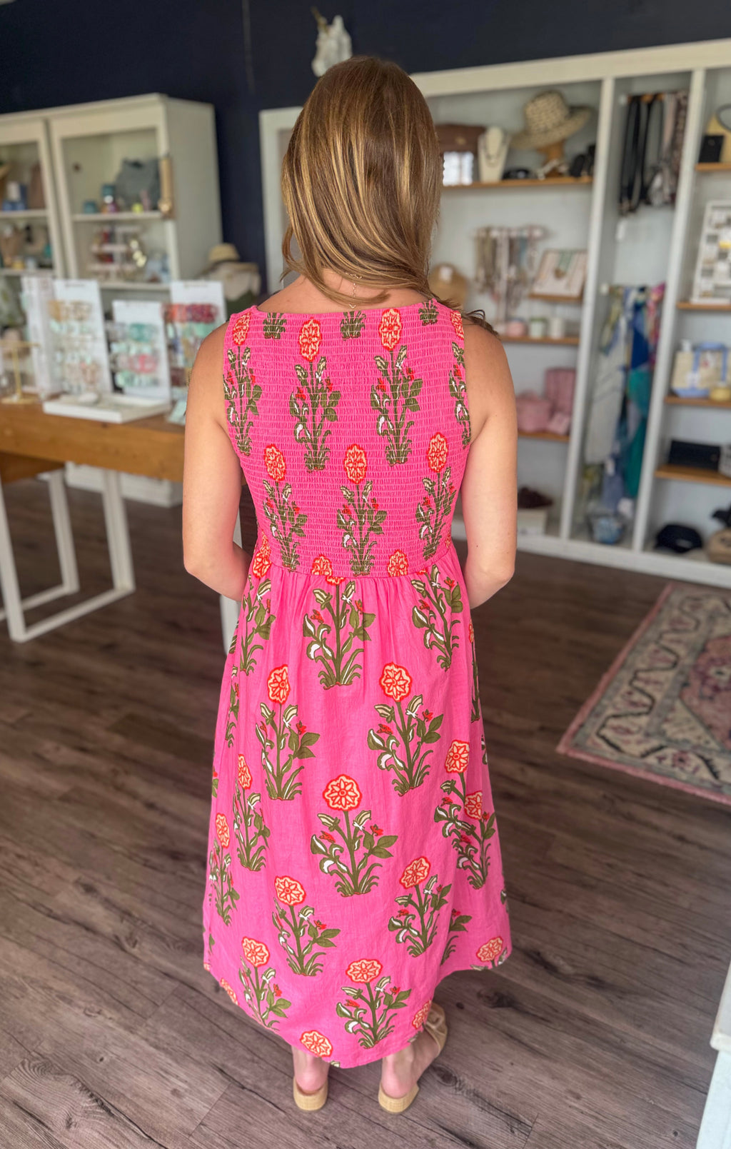Pink Smocked Floral Midi Dress