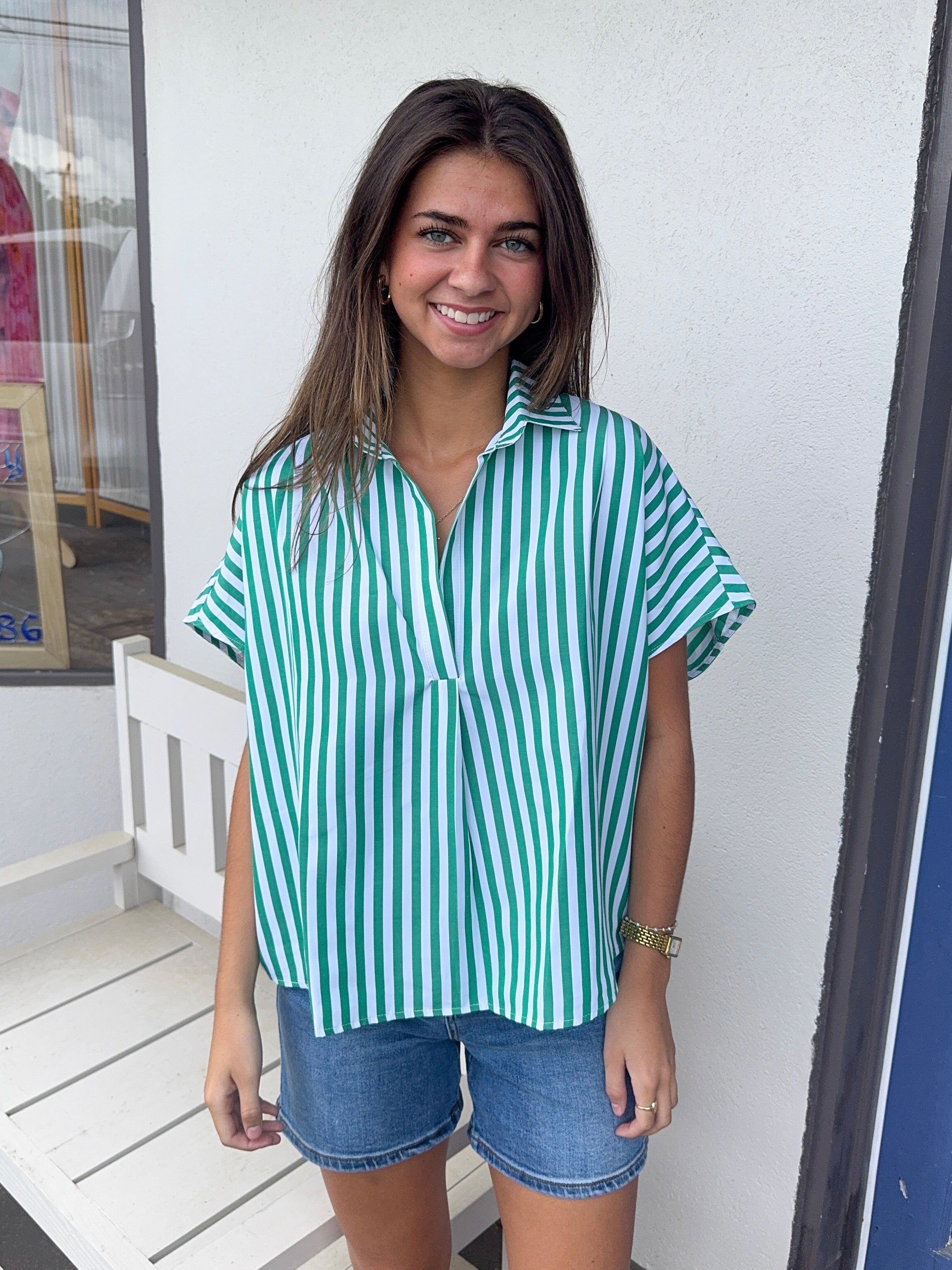 Green Stripe Poplin Top